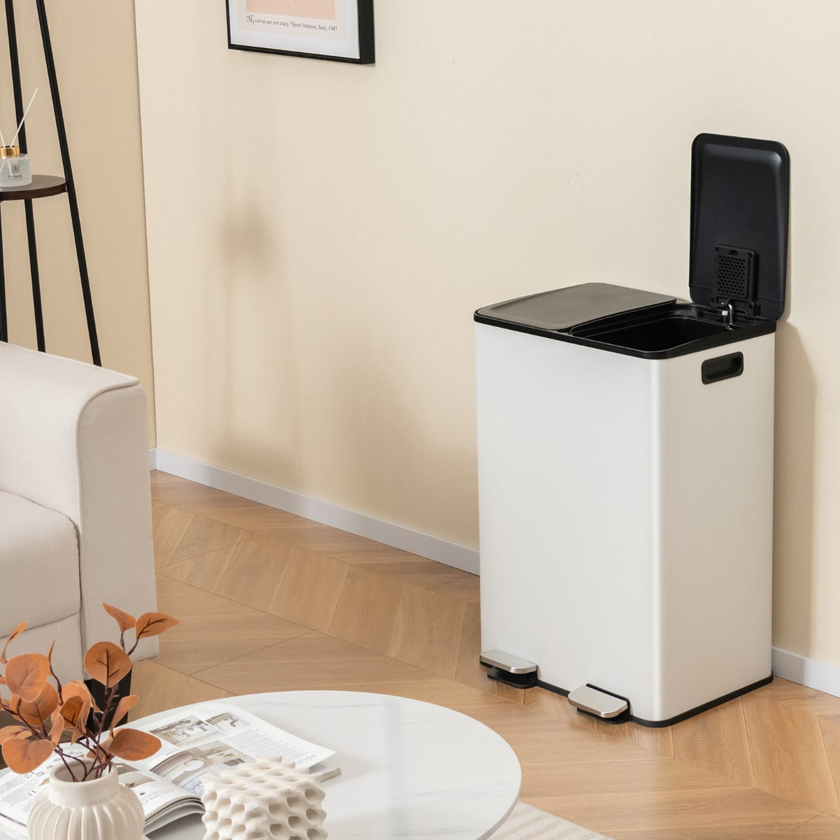 Contentor de Lixo com 2 Compartimentos de 30L – Branco – Aço inoxidável, PP