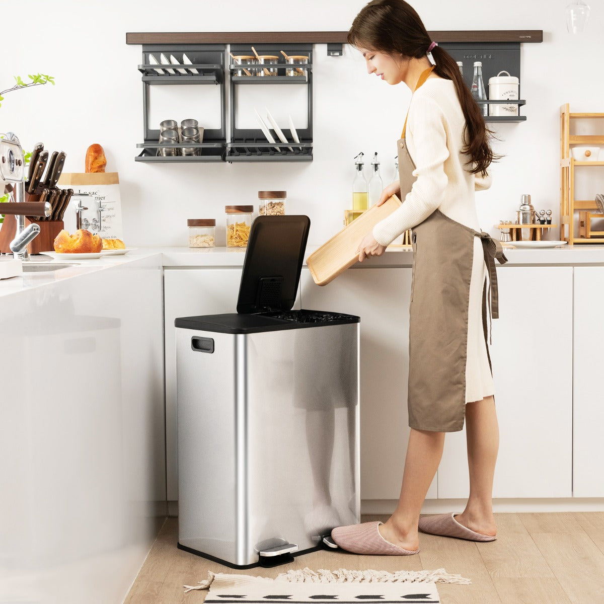 Contentor de Lixo com 2 Compartimentos de 30L Tampas de Fecho Suave Cubos Internos de Plástico Prateado