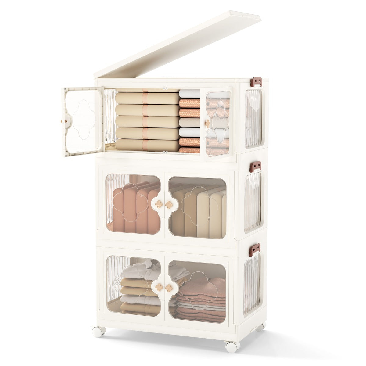 Organizador de Armazenamento Empilhável 159/212/265L com Tampa Rodas Organizador Dobrável com Portas Transparentes - 3 Níveis