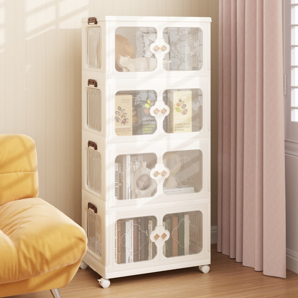 Organizador de Armazenamento Empilhável 159/212/265L com Tampa Rodas Organizador Dobrável com Portas Transparentes-4 Níveis