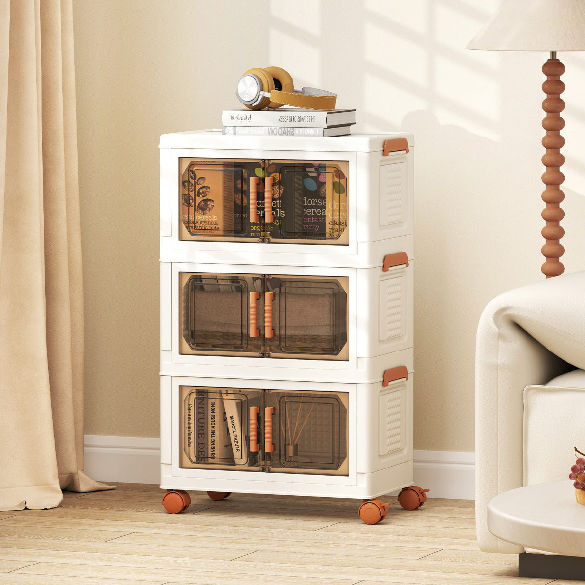 Conjunto de 3 Contentores Dobráveis com Tampa de 57 L, Empilháveis e com Rodas - Branco-57 L