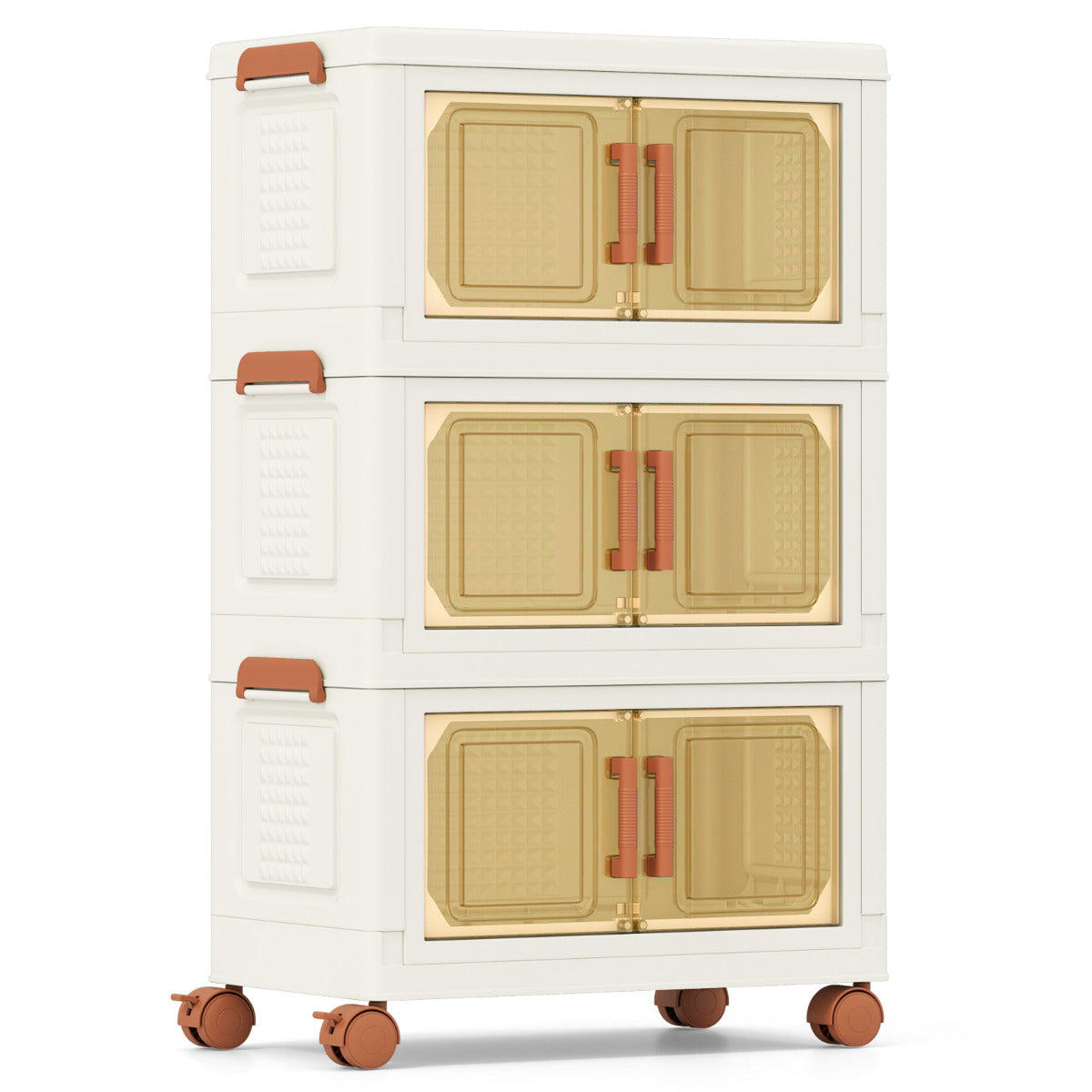 Conjunto de 3 Contentores Dobráveis com Tampa de 57 L, Empilháveis e com Rodas - Branco-57 L