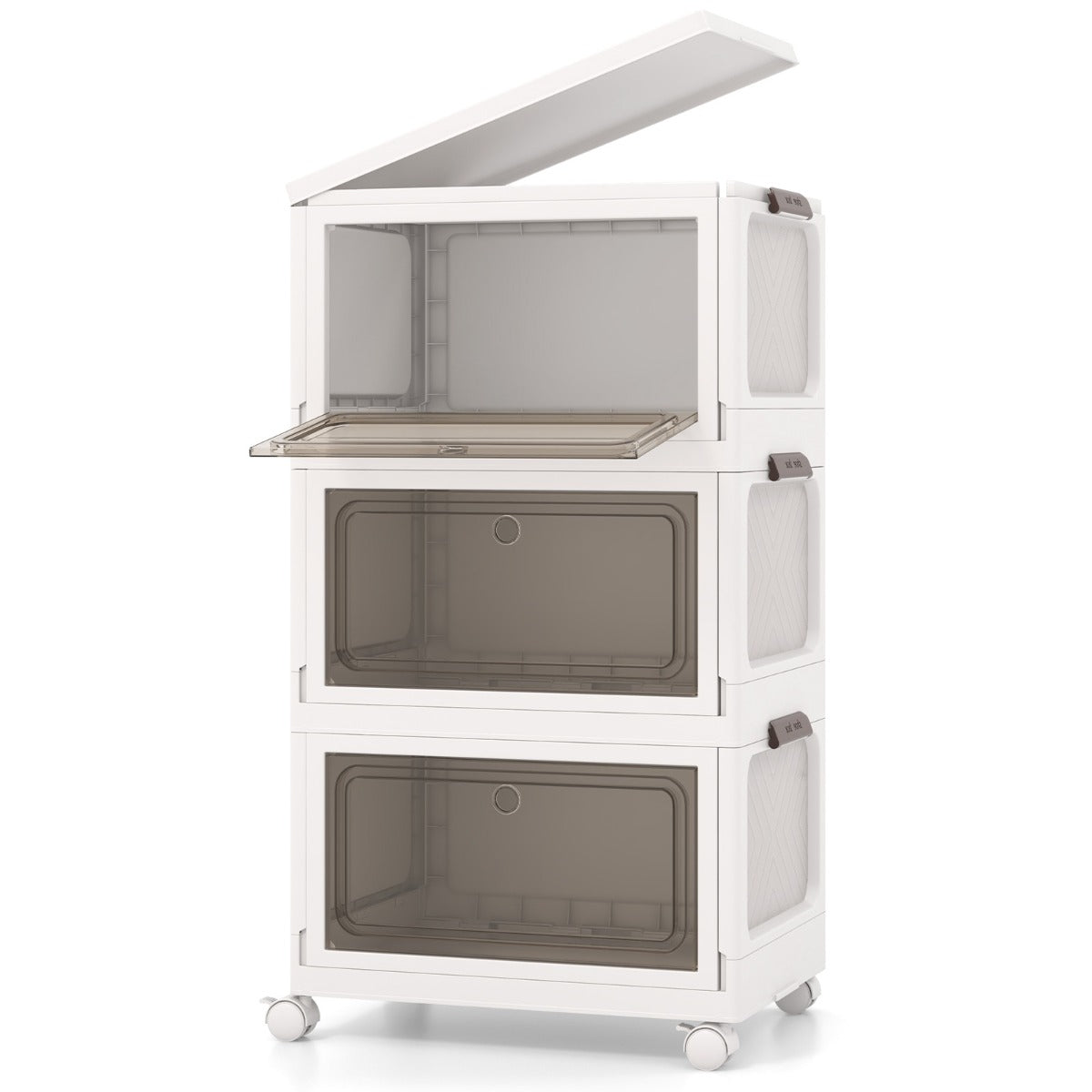 Conjunto de 3 Caixas de Armazenamento Empilháveis com Tampa 105 L Contentores de Plástico Dobráveis com 2 Aberturas Dobráveis com Rodas