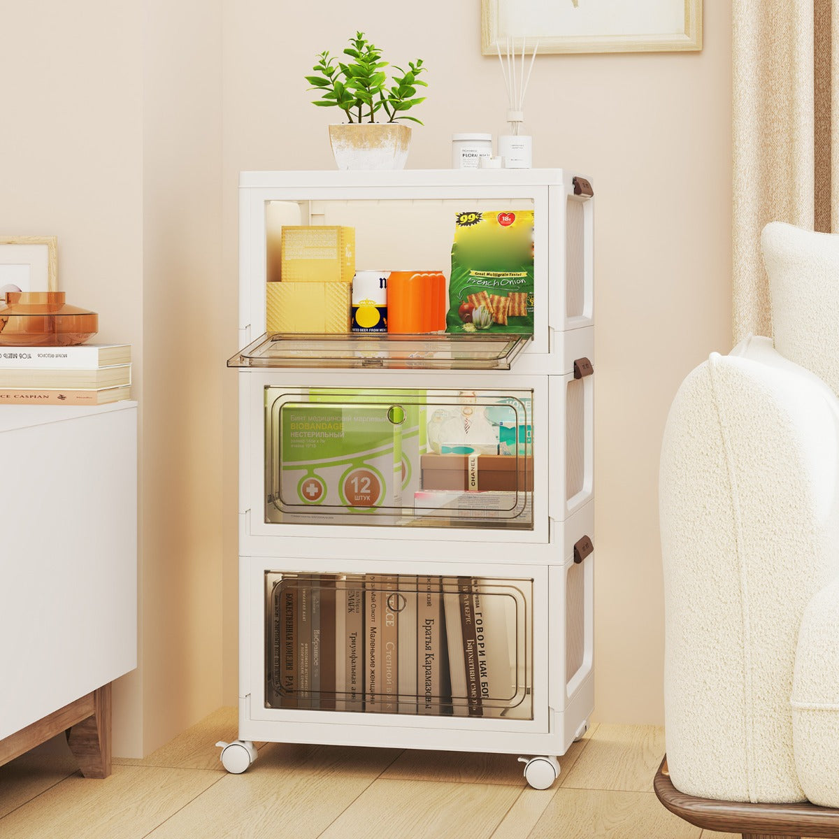 Conjunto de 3 Caixas de Armazenamento Empilháveis com Tampa 105 L Contentores de Plástico Dobráveis com 2 Aberturas Dobráveis com Rodas