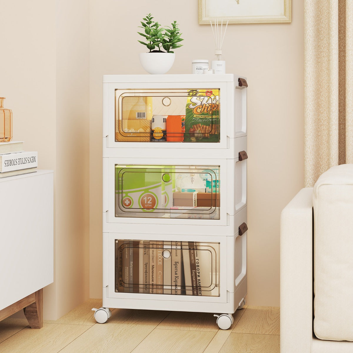 Conjunto de 3 Caixas de Armazenamento Empilháveis com Tampa 75L - Contêineres de Plástico Dobráveis com 2 Aberturas Dobráveis e Rodas