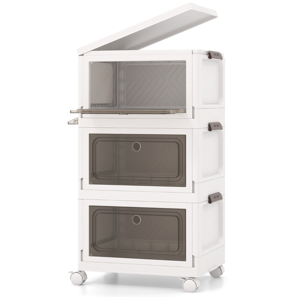 Conjunto de 3 Caixas de Armazenamento Empilháveis com Tampa 75L - Contêineres de Plástico Dobráveis com 2 Aberturas Dobráveis e Rodas