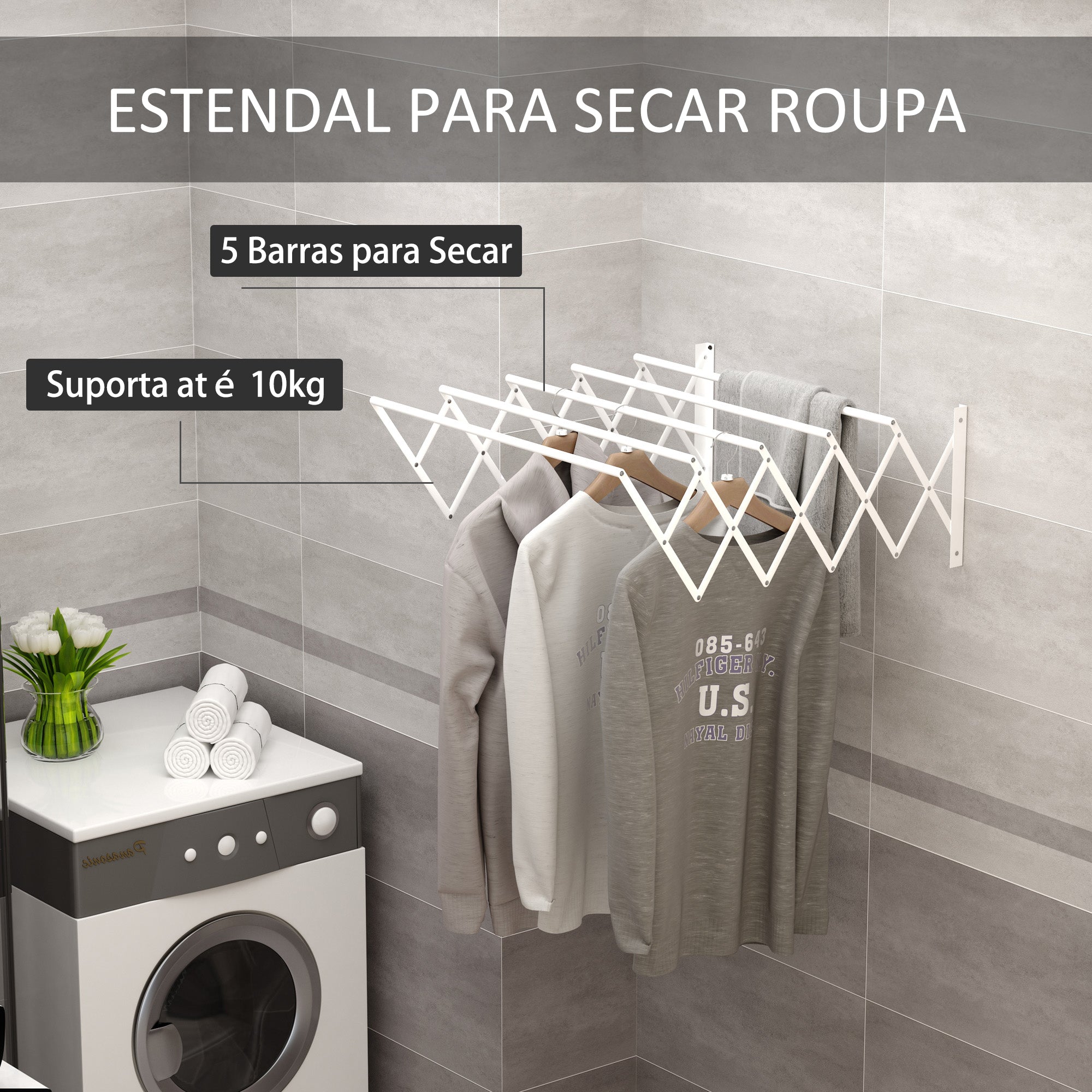 Estendal de Parede Extensível Branco 63,5x60x20cm - Suporta 10kg
