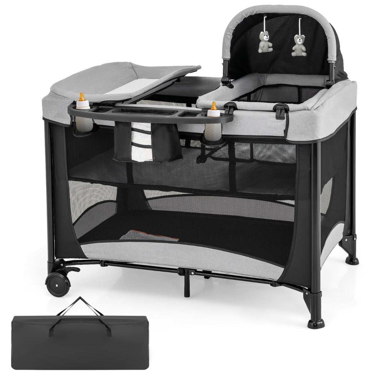 Parque Infantil Portátil 5 em 1 com Berço de Proteção Trocador de Fraldas Colchão Removível 2 Rodas 110 x 78 x 84 cm Preto