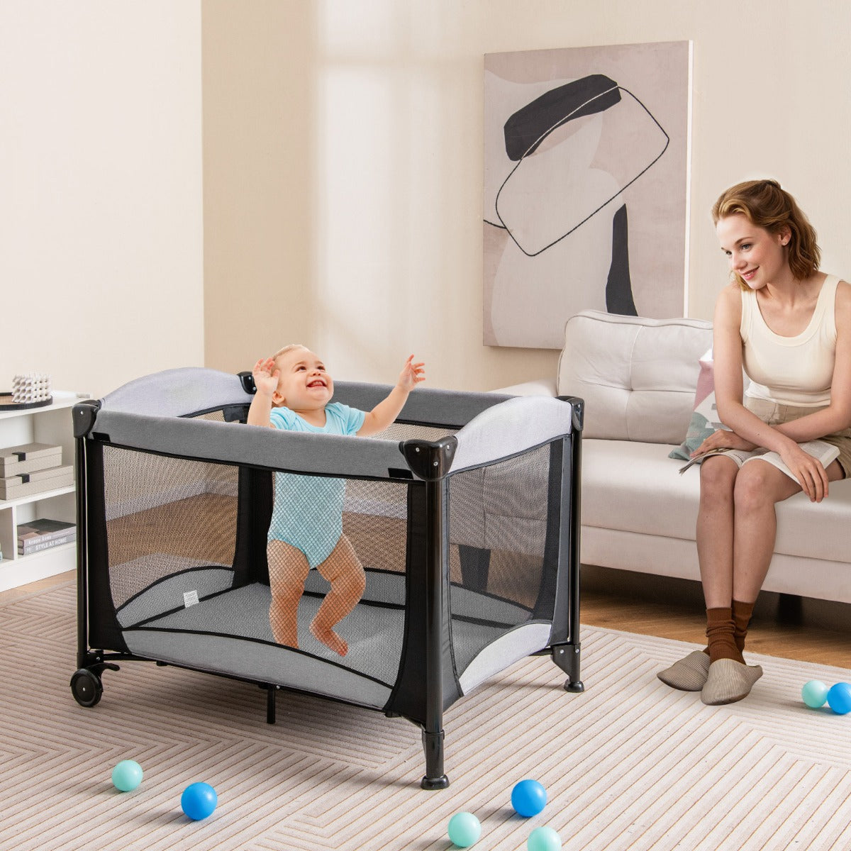 Parque Infantil Portátil 5 em 1 com Berço de Proteção Trocador de Fraldas Colchão Removível 2 Rodas 110 x 78 x 84 cm Preto