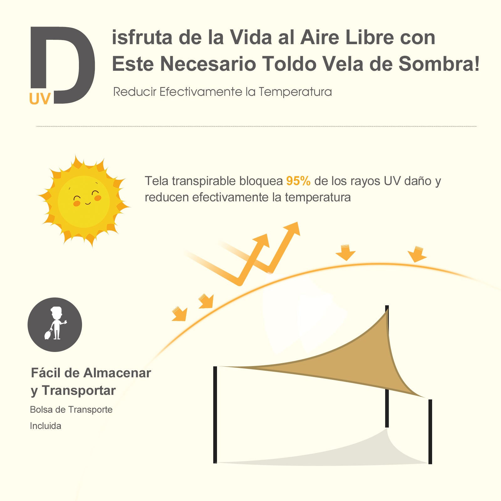 Toldo Vela Triangular 4x4x4m Cor Areia - Proteção UV para Terraço e Jardim