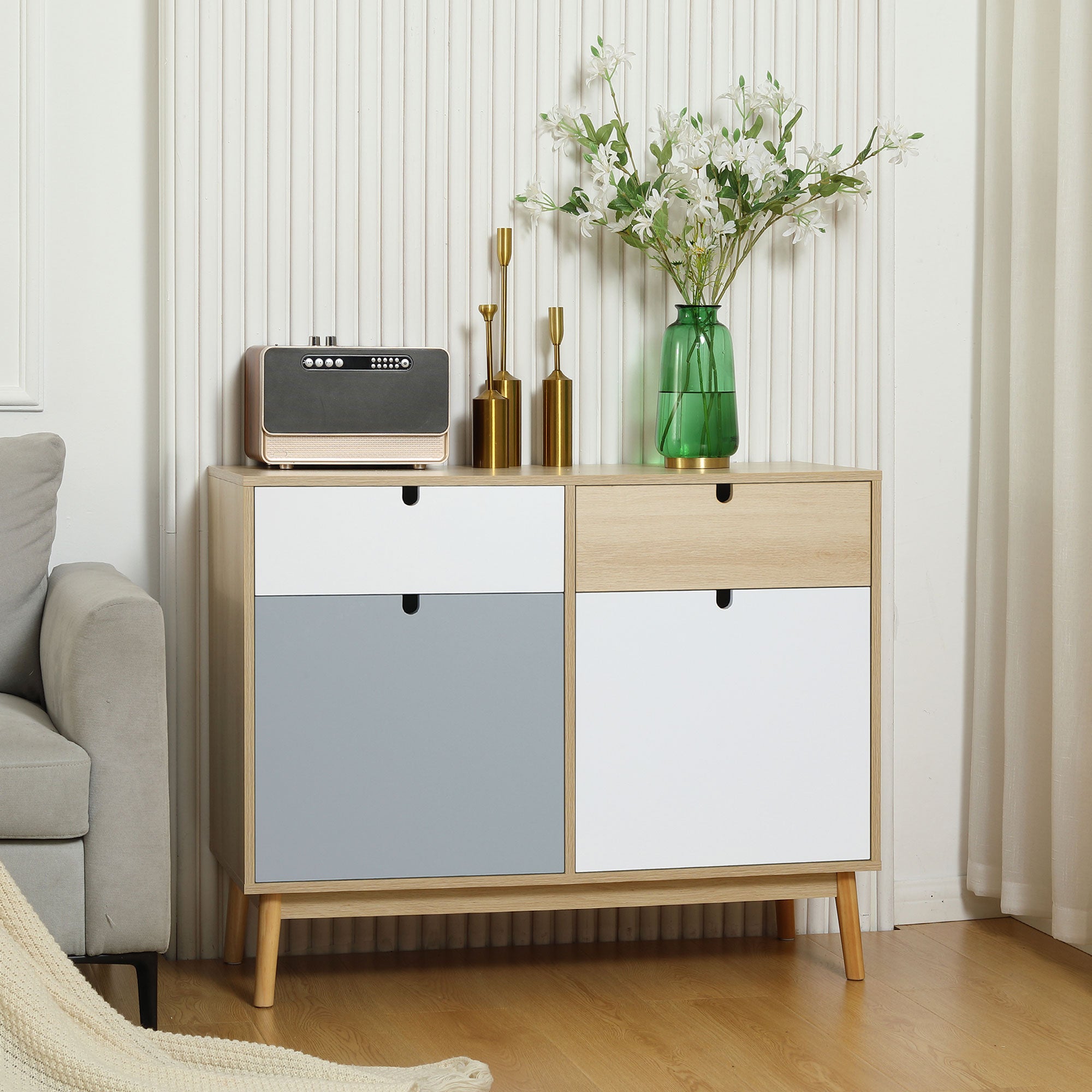 Aparador Auxiliar Móvel de Armazenamento 100x40x79.5cm Branco Cinza e Madeira