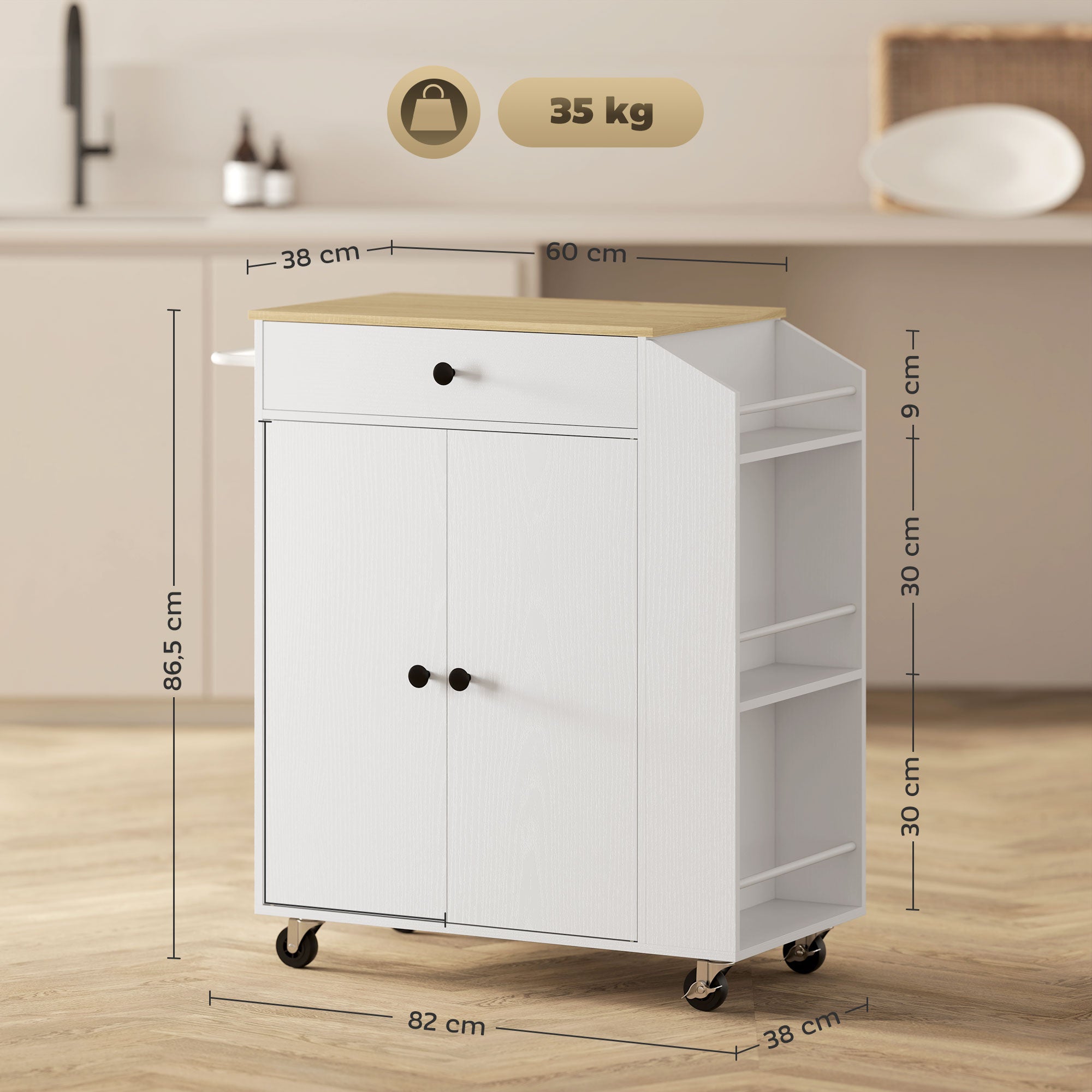 Ilha de Cozinha Móvel – 82x38x86,5 cm – Branca – Melamina e MDF