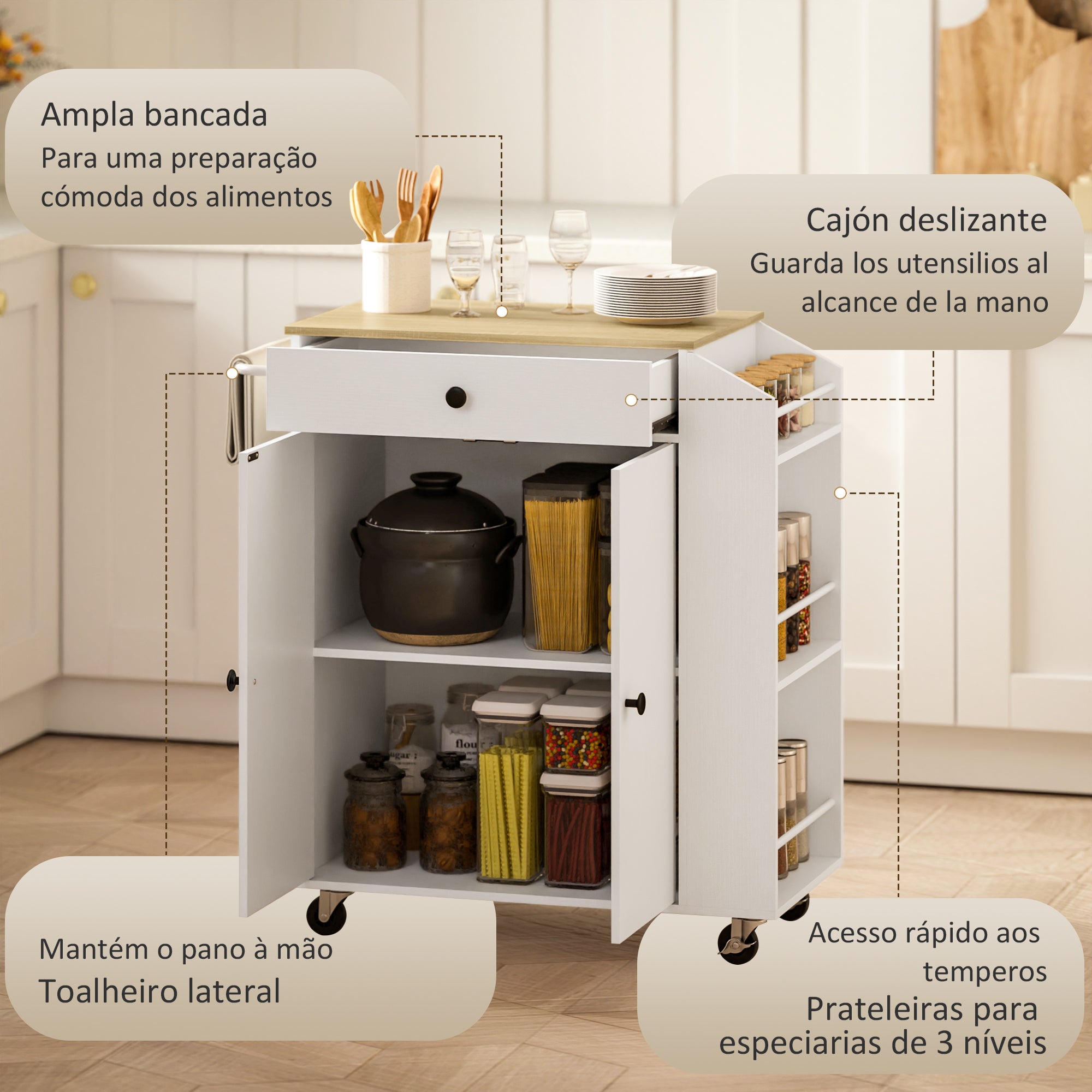 Ilha de Cozinha Móvel – 82x38x86,5 cm – Branca – Melamina e MDF