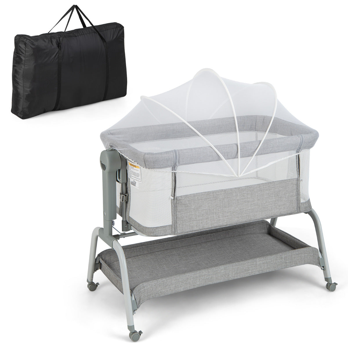 Cuna de Viagem para Bebé com Berço Co-sleeper Moses Altura Ajustável Colchão Malha Cesto de Arrumação e Rodas 101 x 56 x 89 cm Cinzento