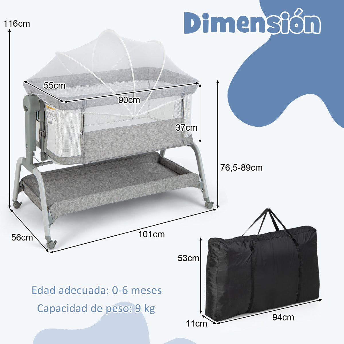 Cuna de Viagem para Bebé com Berço Co-sleeper Moses Altura Ajustável Colchão Malha Cesto de Arrumação e Rodas 101 x 56 x 89 cm Cinzento