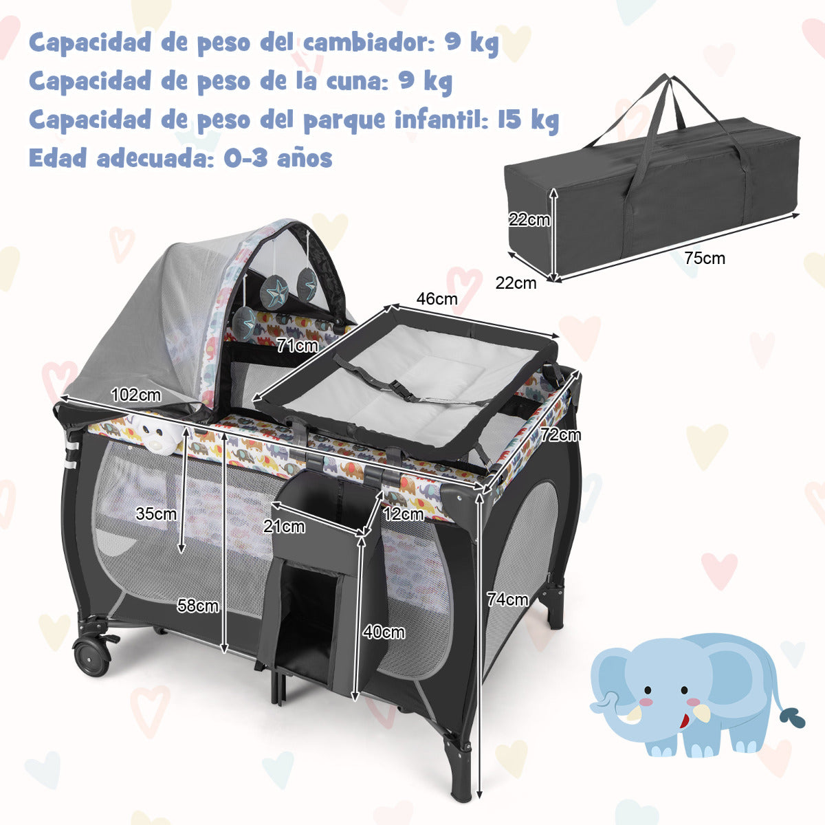 Berço de Guardería 5 em 1 para Bebés com Moisés, Trocador, Toldo, Música e Rodas - Colorido
