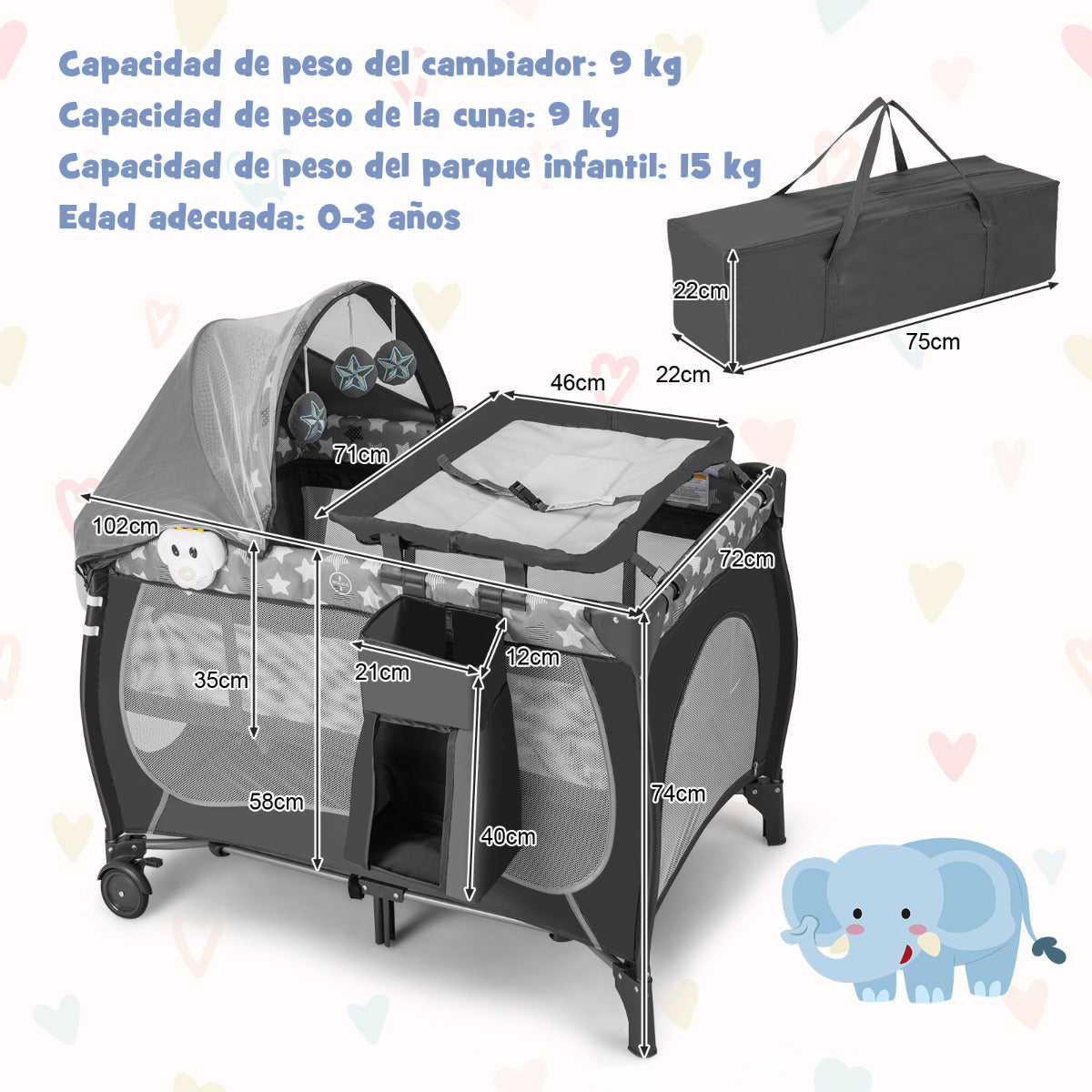 Centro de Guardería 5 em 1 para Bebés com Moisés, Trocador, Toldo, Música e Rodas - Cinzento