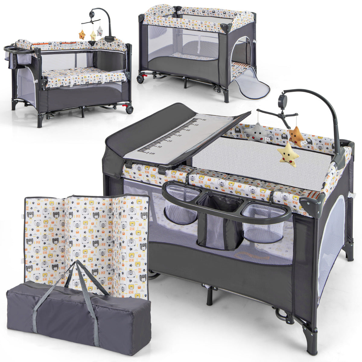 Berço Moisés Plegable para Bebé Cambiador de Pañales con Caja de Música y Juguetes Colgantes 110 x 76 x 76 cm Gris