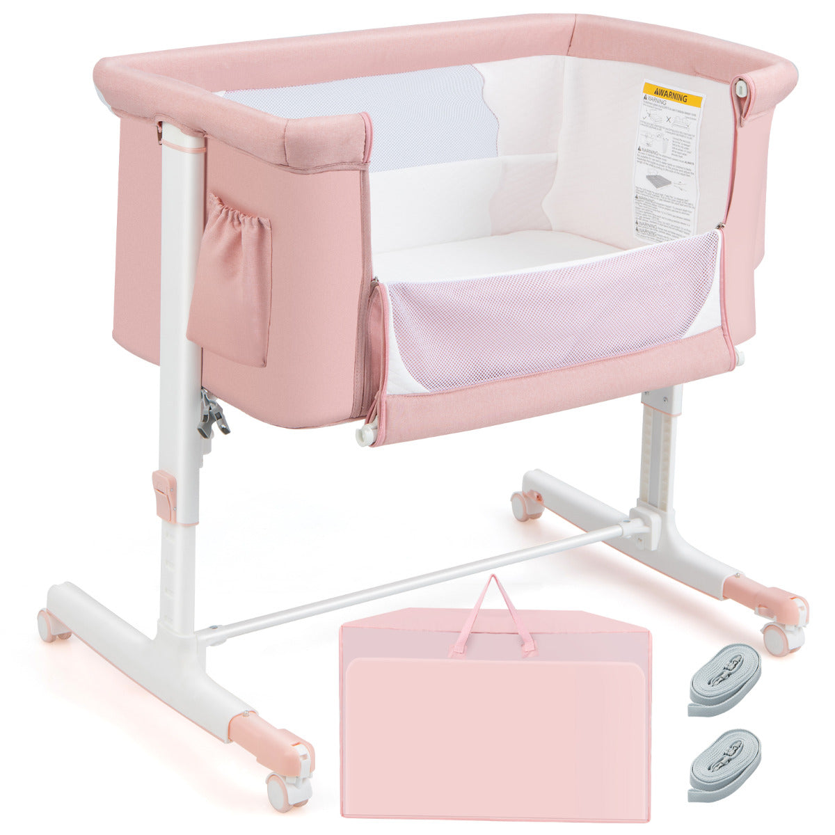 Cama de Bebé 3 em 1 com Colchão Ajustável em 5 Alturas Inclinação de 10° Bolsa Lateral Portátil para Bebés Crianças 86 x 63 x 81 cm Rosa
