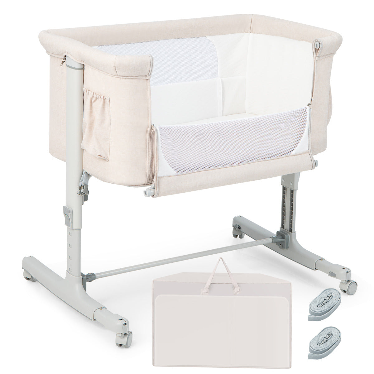 Cuna Infantil 3 em 1 com Colchão 5 Alturas Ajustável, Inclinação de 10°, Bolsa Lateral Portátil para Bebés Niños 86 x 63 x 81 cm Bege