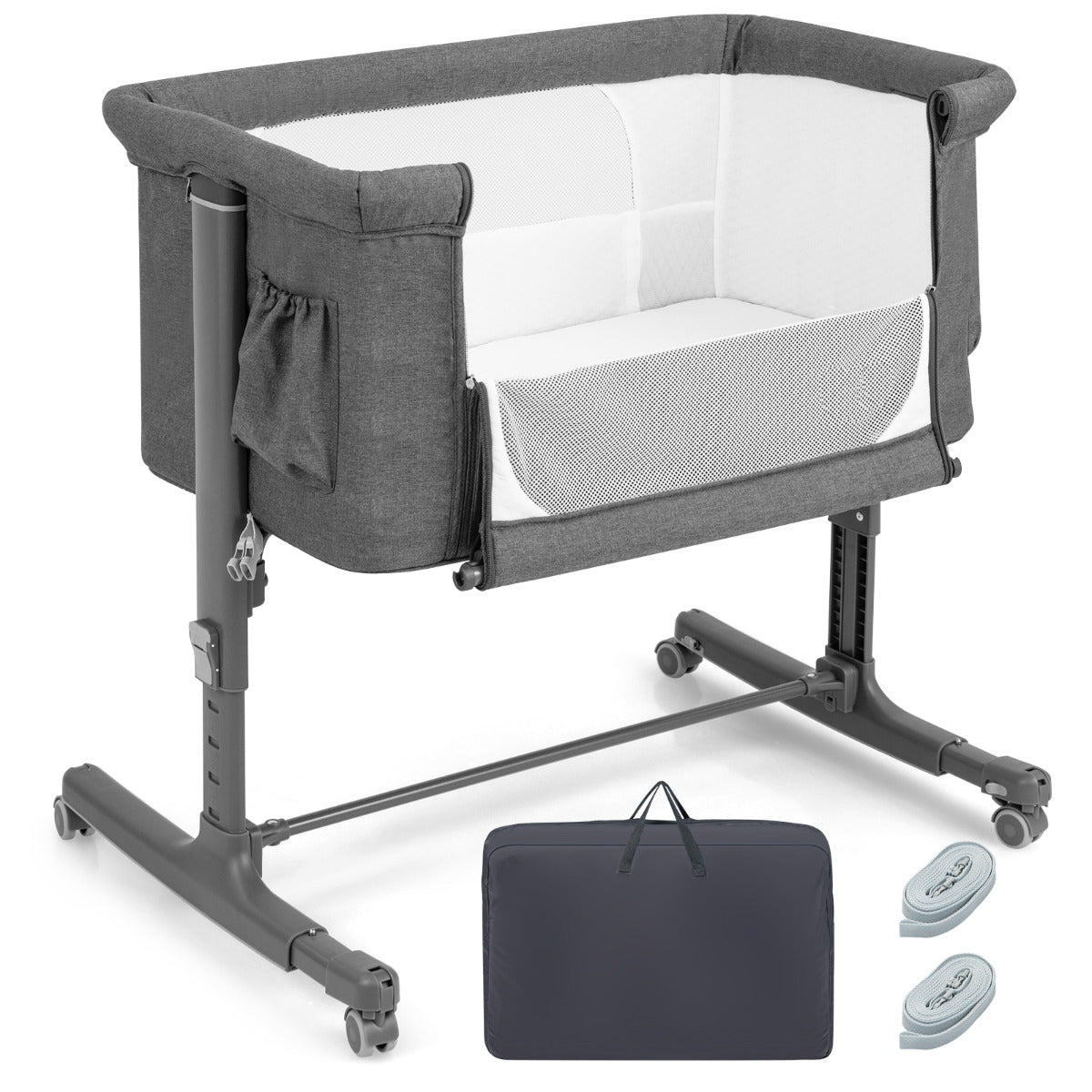 Berço Infantil 3 em 1 com Colchão 5 Alturas Ajustáveis Inclinação de 10° Bolsa Lateral Portátil para Bebés Crianças 86 x 63 x 81 cm Cinzento