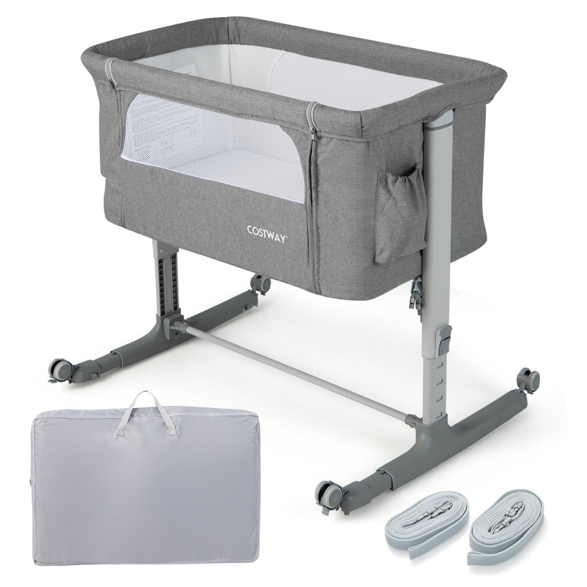 Cuna Infantil 3 em 1 com Colchão 5 Alturas Ajustáveis, Inclinação de 10° e Bolsa Lateral - Cinzento Claro