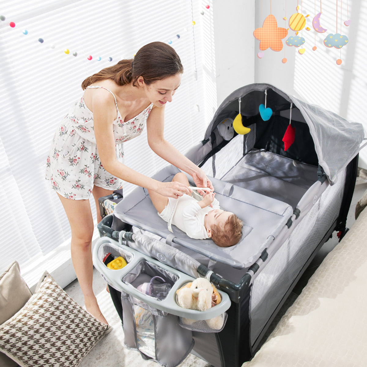 Berço Plegável para Bebés – 124 x 65 x 121 cm – Cinzento