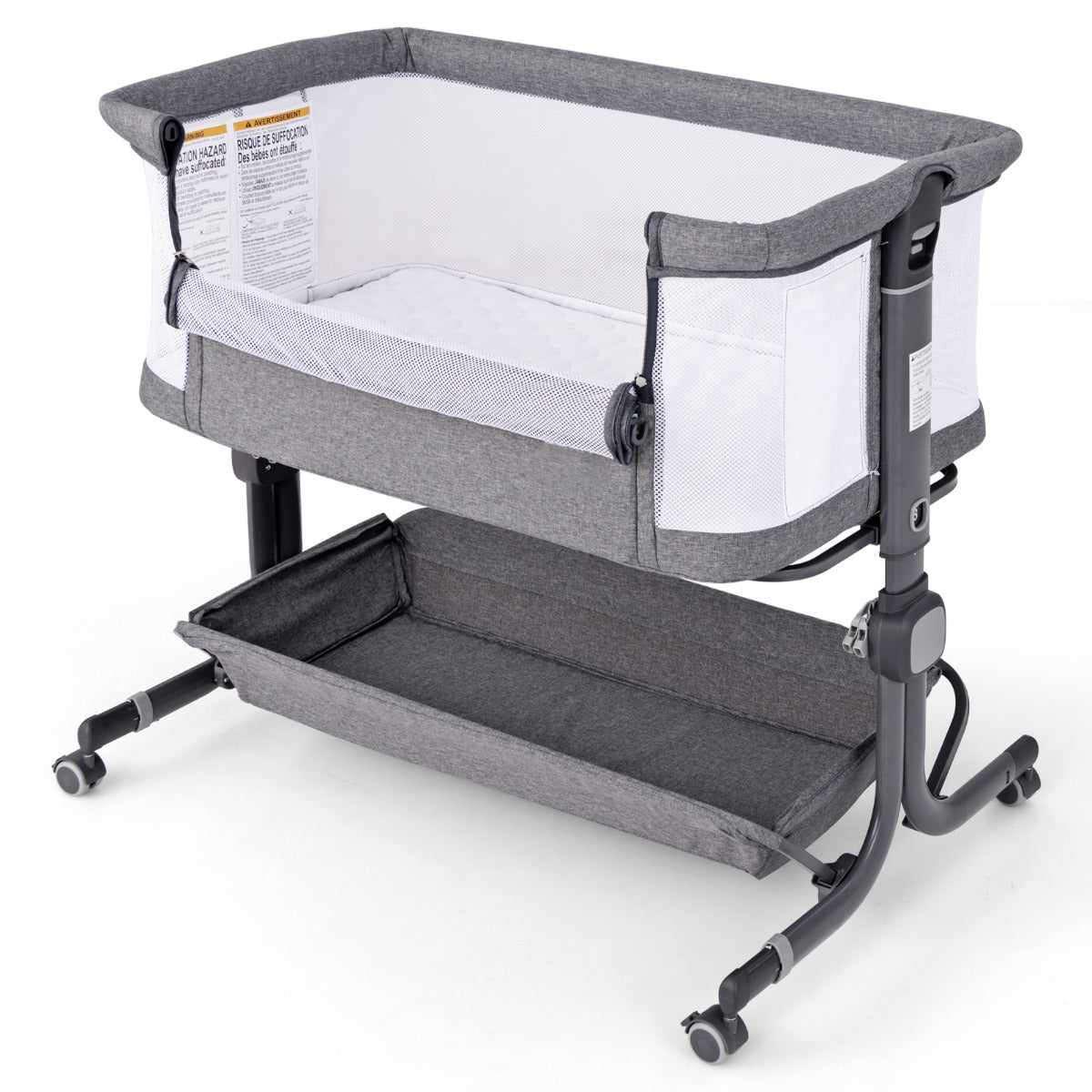 Cuna Portátil Plegable para Recém Nascido ao Lado da Cama com Altura Ajustável de 6 Níveis Estante Rodas Colchão e Bolsa Cinza Escuro