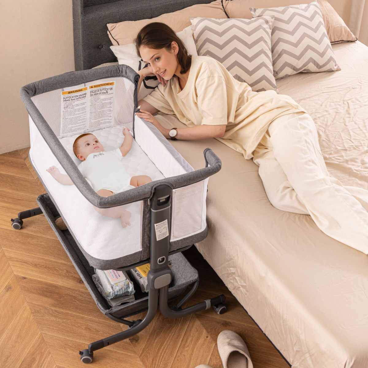Cuna Portátil Plegable para Recém Nascido ao Lado da Cama com Altura Ajustável de 6 Níveis Estante Rodas Colchão e Bolsa Cinza Escuro