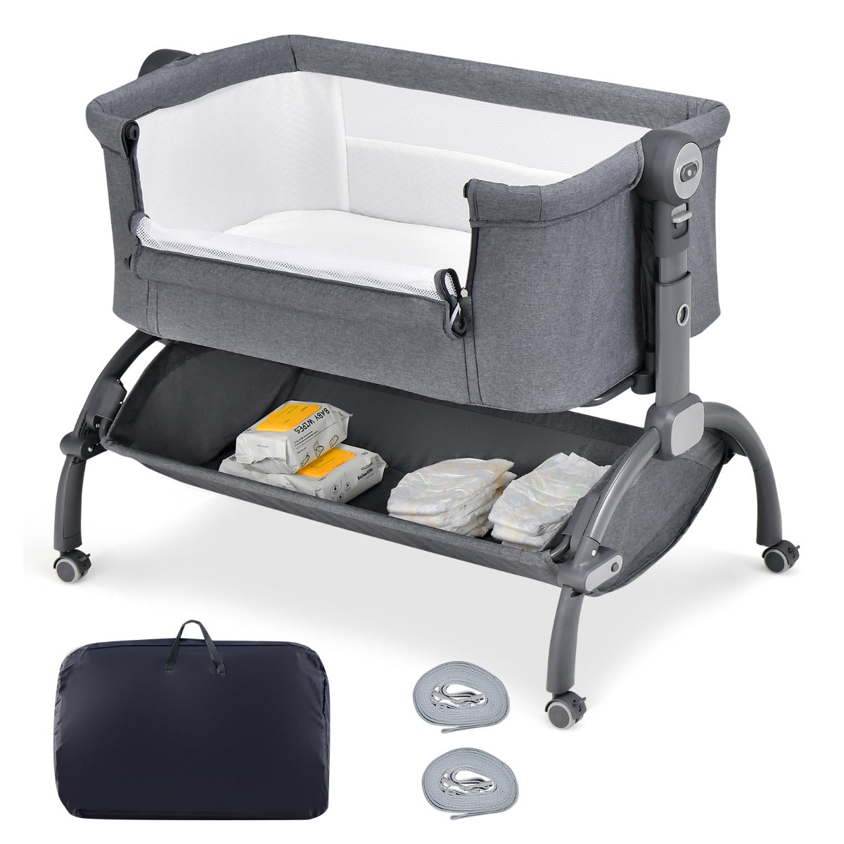 Berço de Noite 2 em 1 para Bebés com Altura Ajustável 4 Rodas Mosquiteiro Cesto de Arrumação para Bebés de 0-6 Meses 95 x 65 x 70-82 cm Cinzento