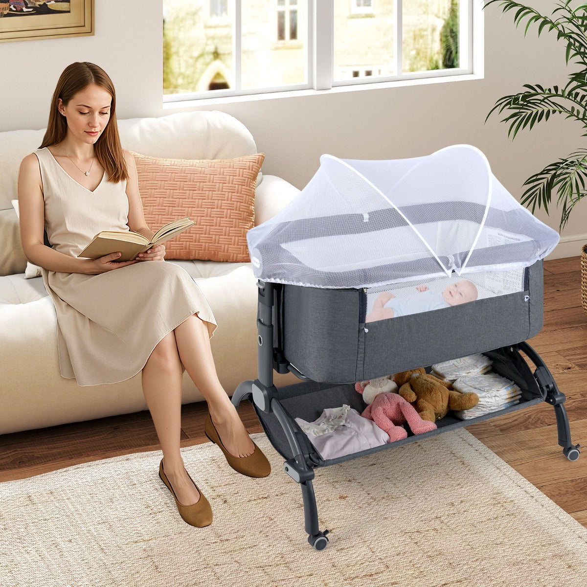 Berço de Noite 2 em 1 para Bebés com Altura Ajustável 4 Rodas Mosquiteiro Cesto de Arrumação para Bebés de 0-6 Meses 95 x 65 x 70-82 cm Cinzento
