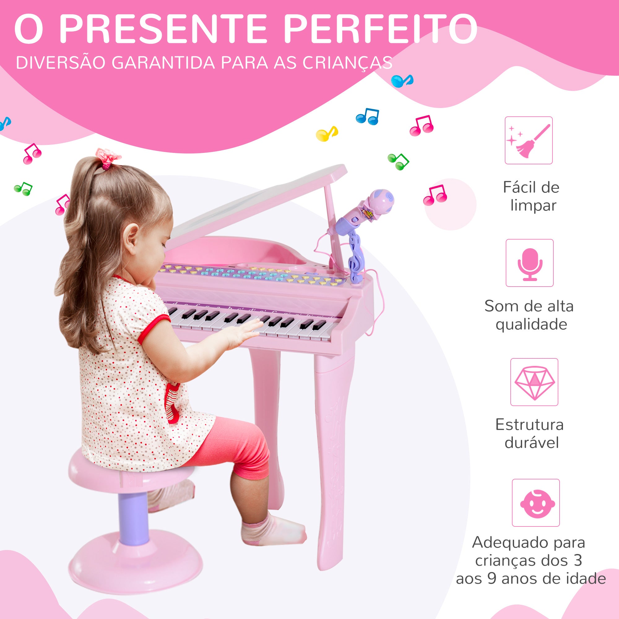 Piano Infantil com Microfone e Luzes - 48x39x69 cm - Cor Rosa