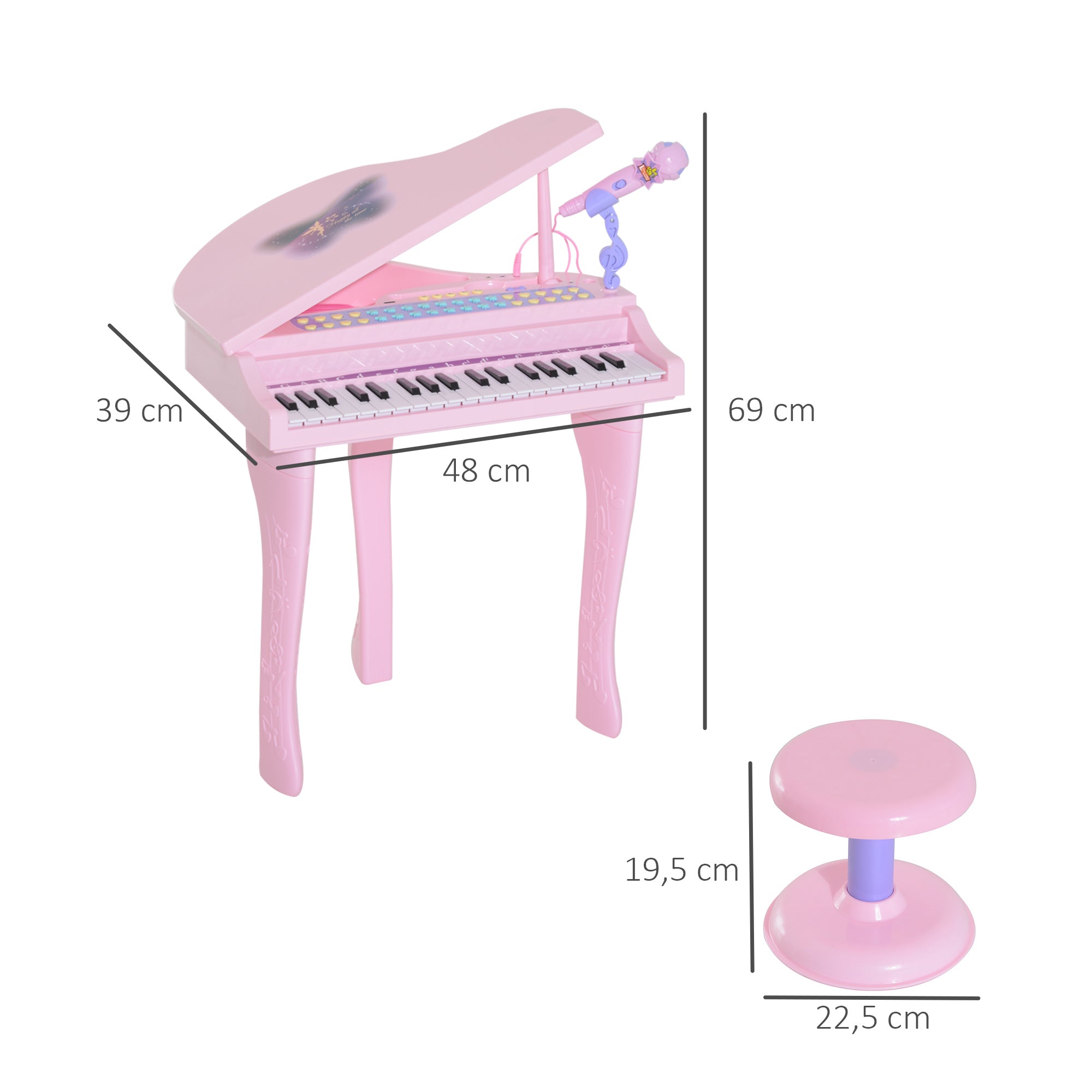 Piano Infantil com Microfone e Luzes - 48x39x69 cm - Cor Rosa