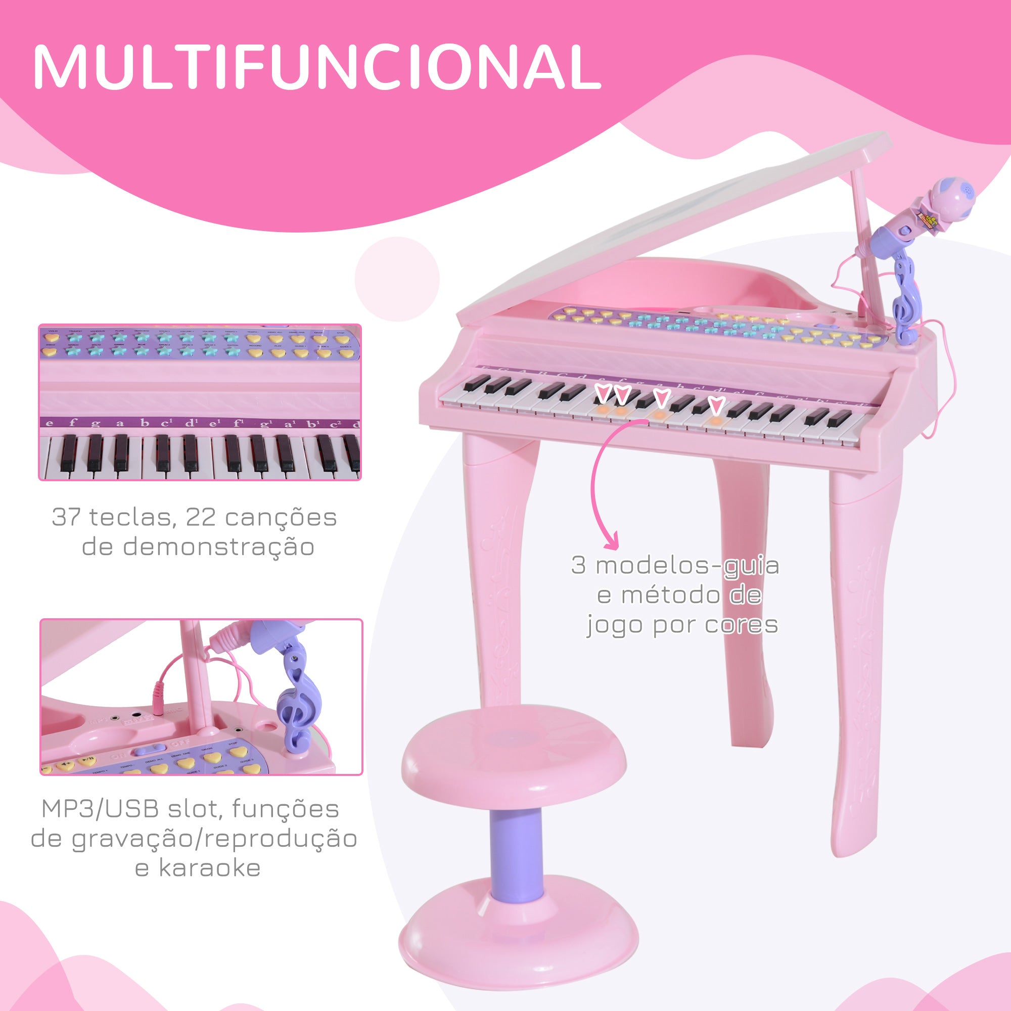 Piano Infantil com Microfone e Luzes - 48x39x69 cm - Cor Rosa
