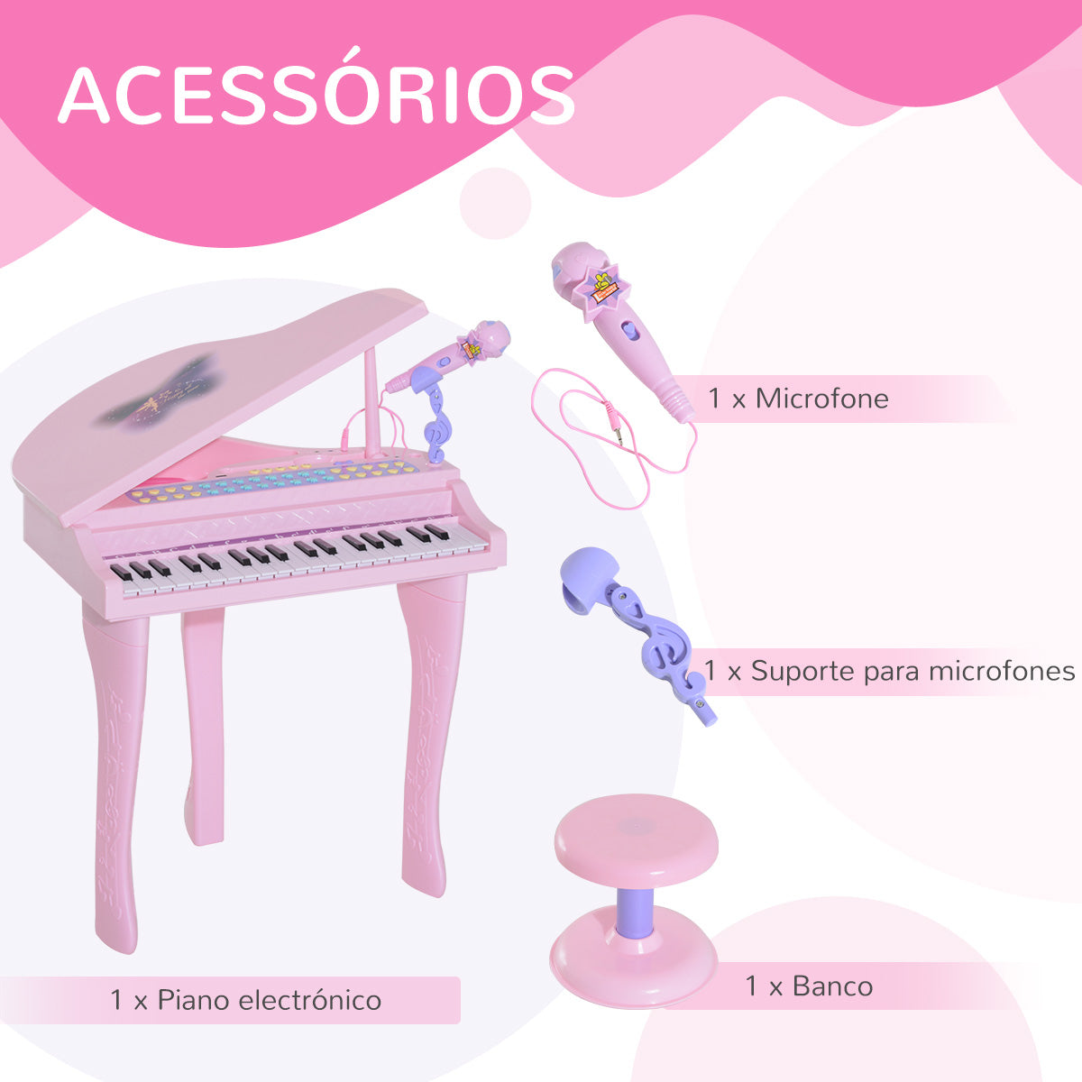Piano Infantil com Microfone e Luzes - 48x39x69 cm - Cor Rosa