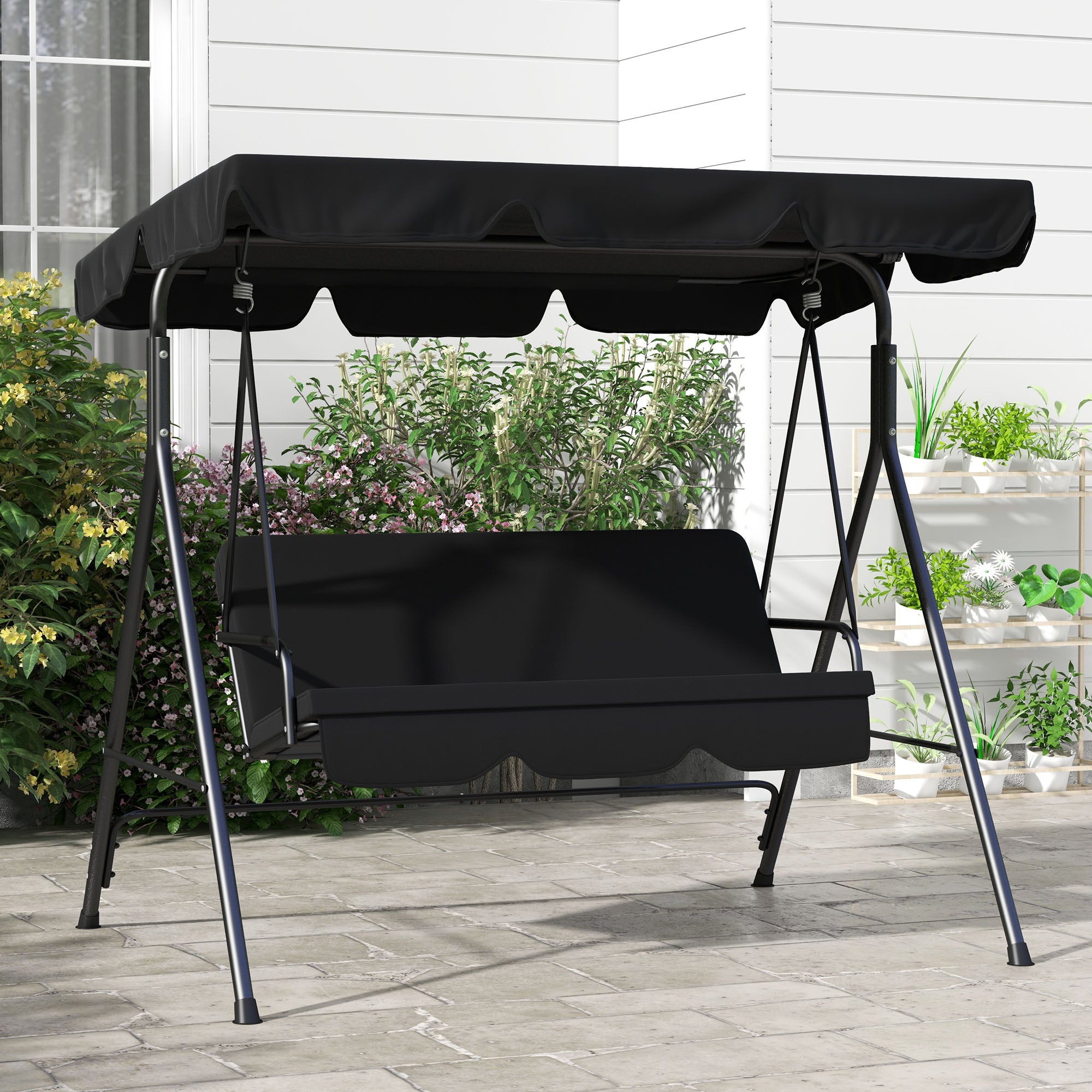 Baloiço de Jardim 3 Lugares Preto 172x110x153 cm com Almofada e Toldo Ajustável