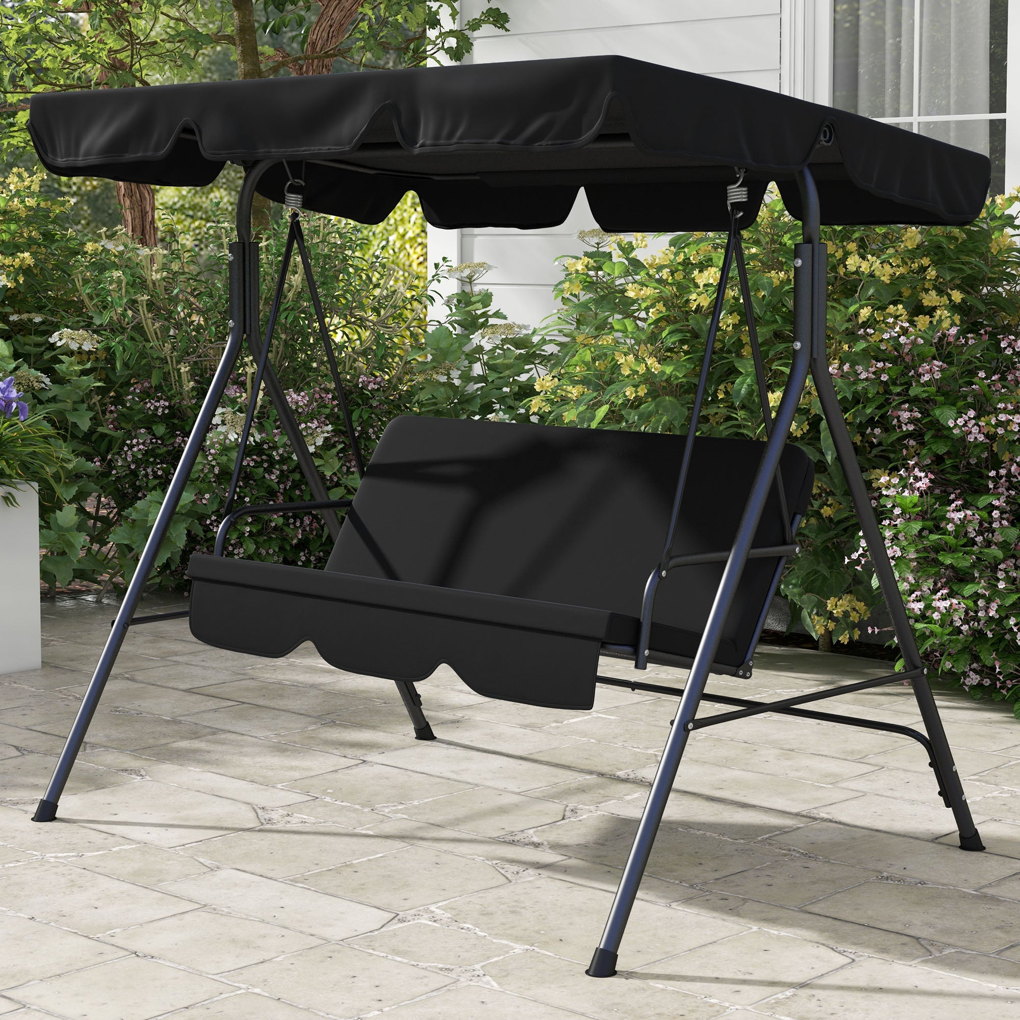 Baloiço de Jardim 3 Lugares Preto 172x110x153 cm com Almofada e Toldo Ajustável