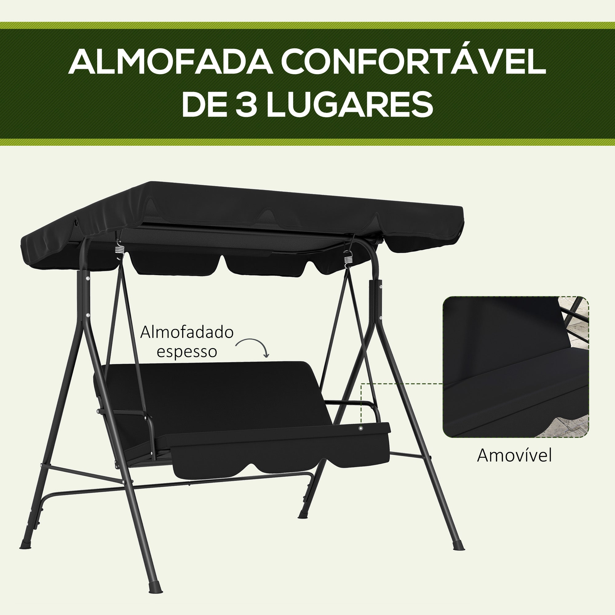 Baloiço de Jardim 3 Lugares Preto 172x110x153 cm com Almofada e Toldo Ajustável