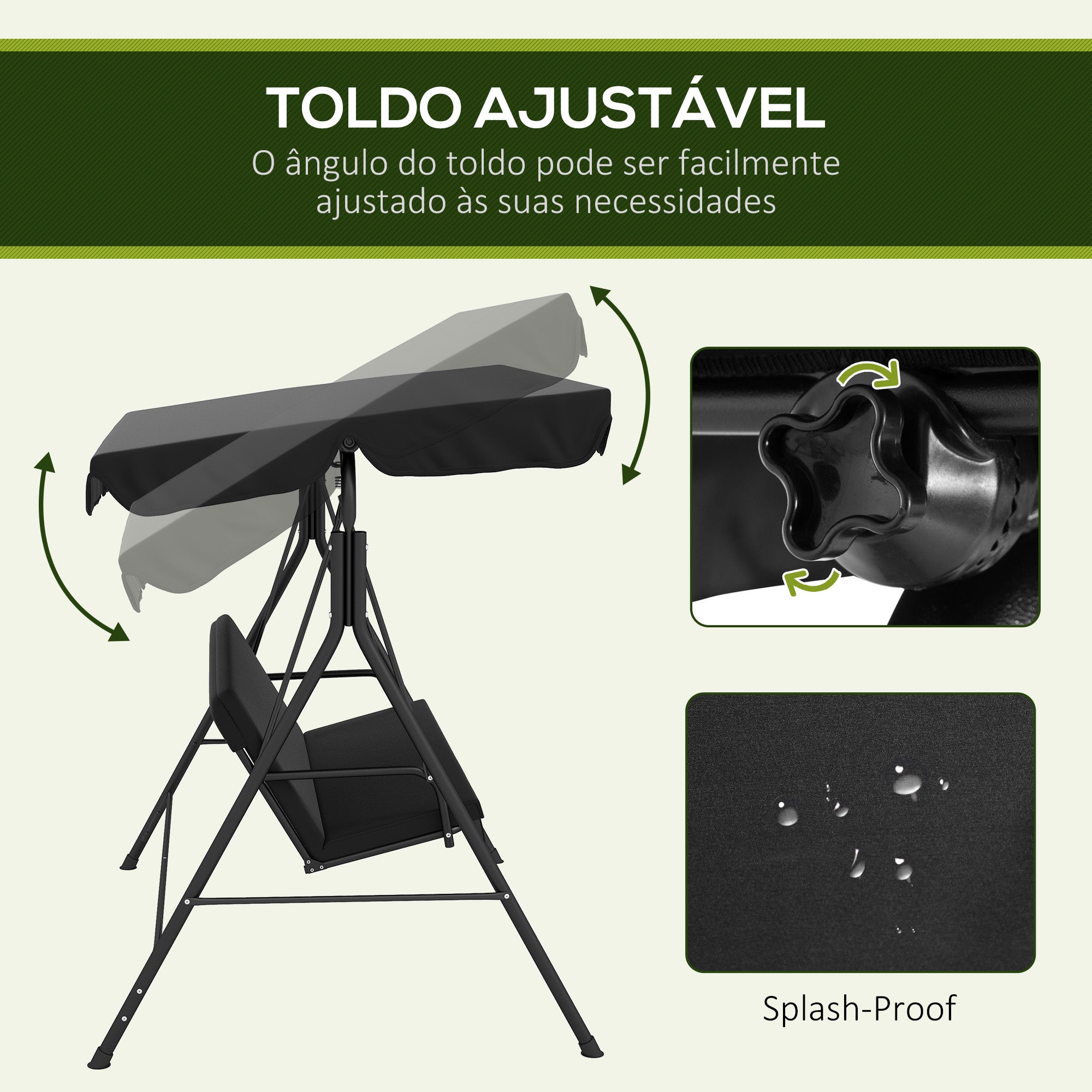 Baloiço de Jardim 3 Lugares Preto 172x110x153 cm com Almofada e Toldo Ajustável