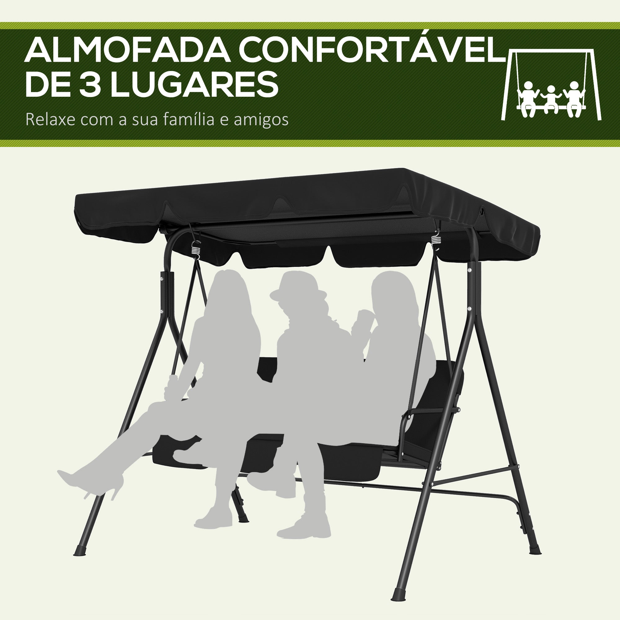Baloiço de Jardim 3 Lugares Preto 172x110x153 cm com Almofada e Toldo Ajustável