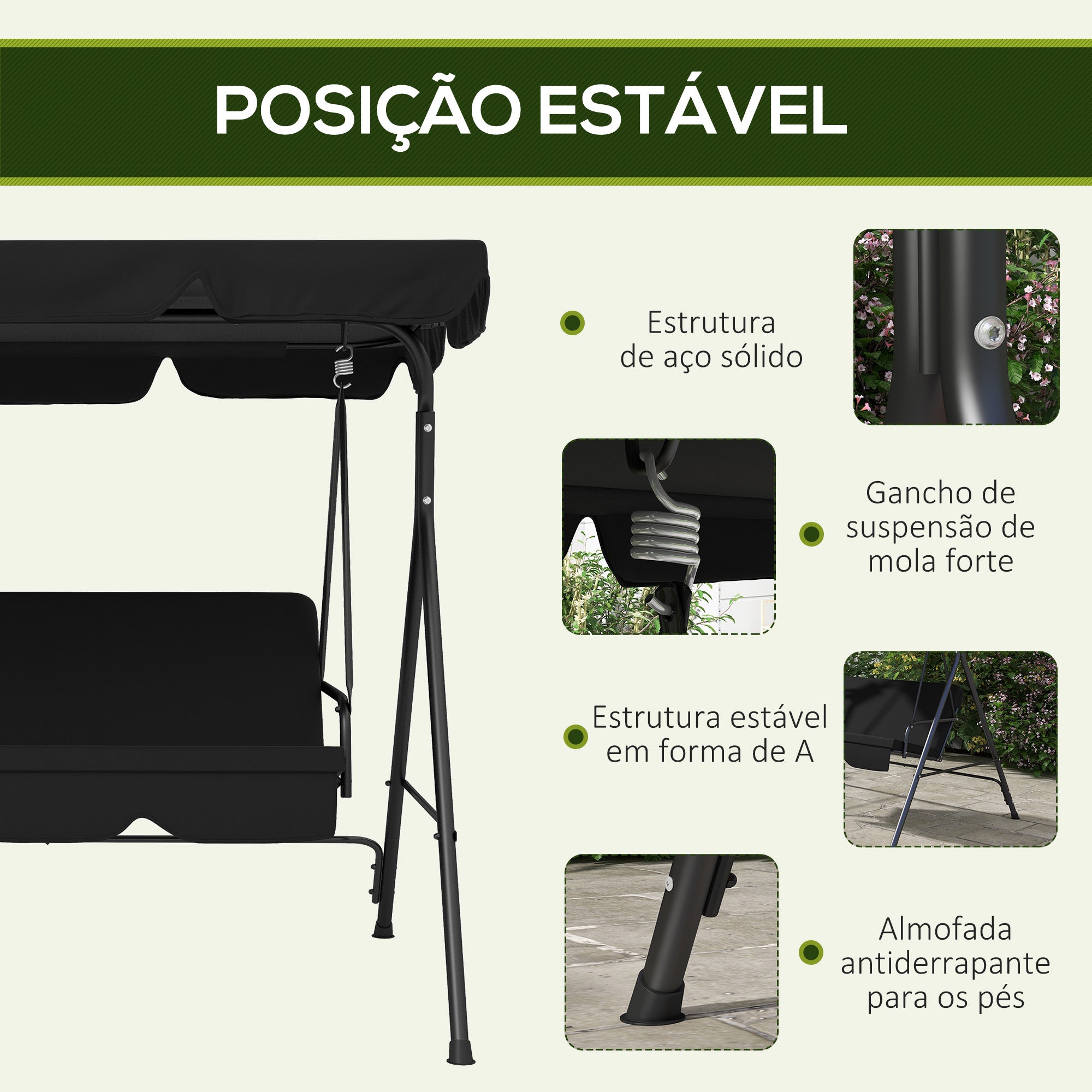 Baloiço de Jardim 3 Lugares Preto 172x110x153 cm com Almofada e Toldo Ajustável