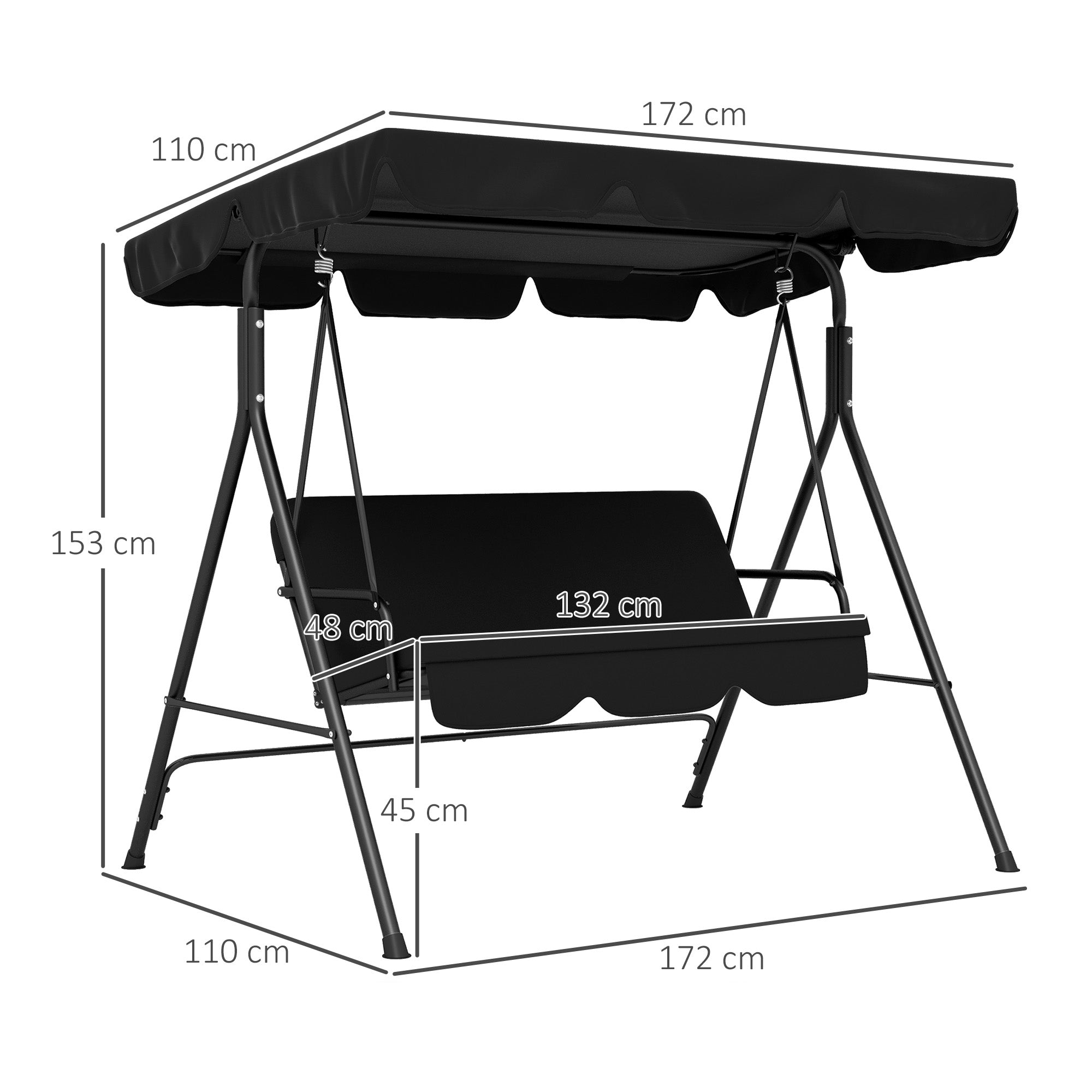 Baloiço de Jardim 3 Lugares Preto 172x110x153 cm com Almofada e Toldo Ajustável