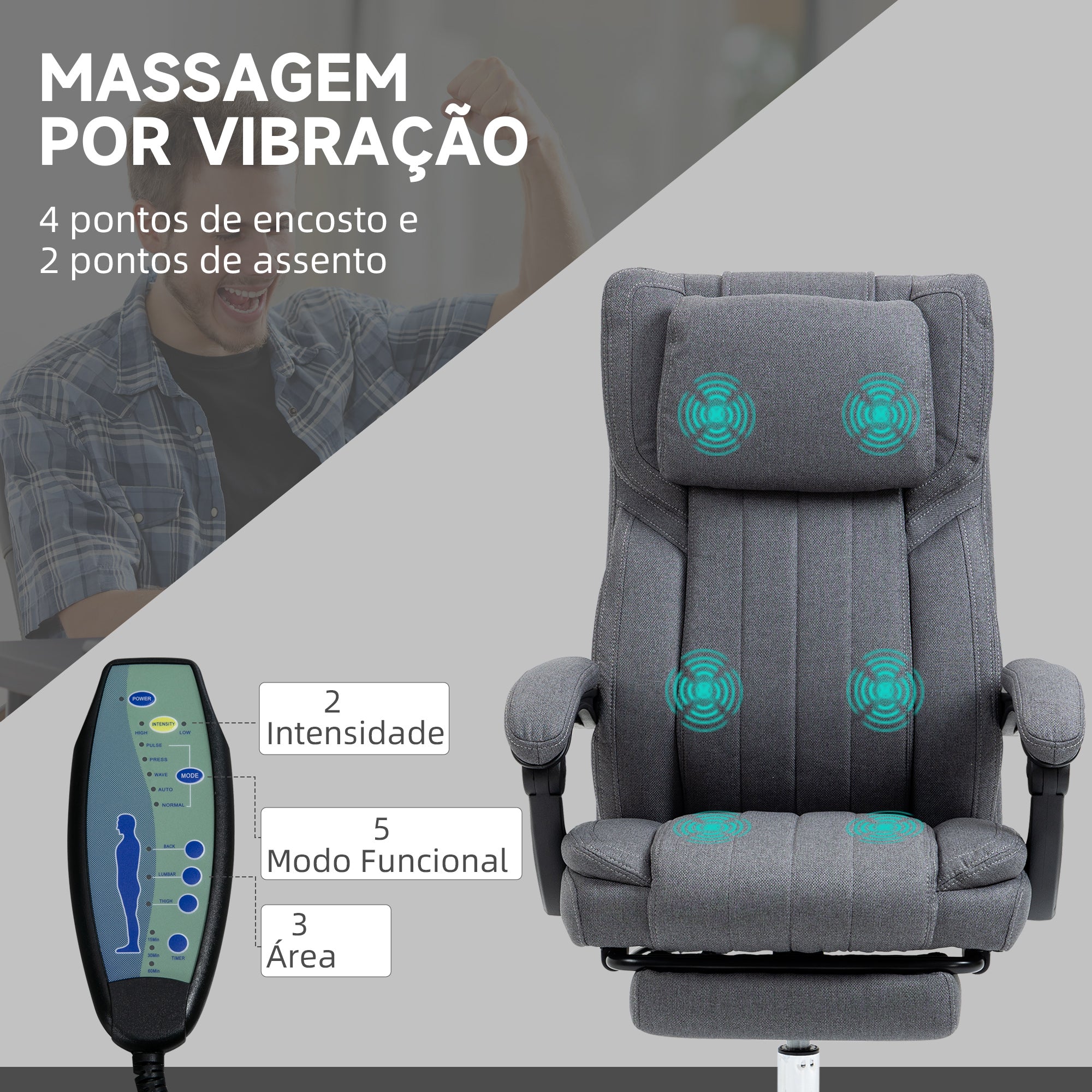 Cadeira de Escritório com Massagem por Vibração Cinza 65x61x113 cm