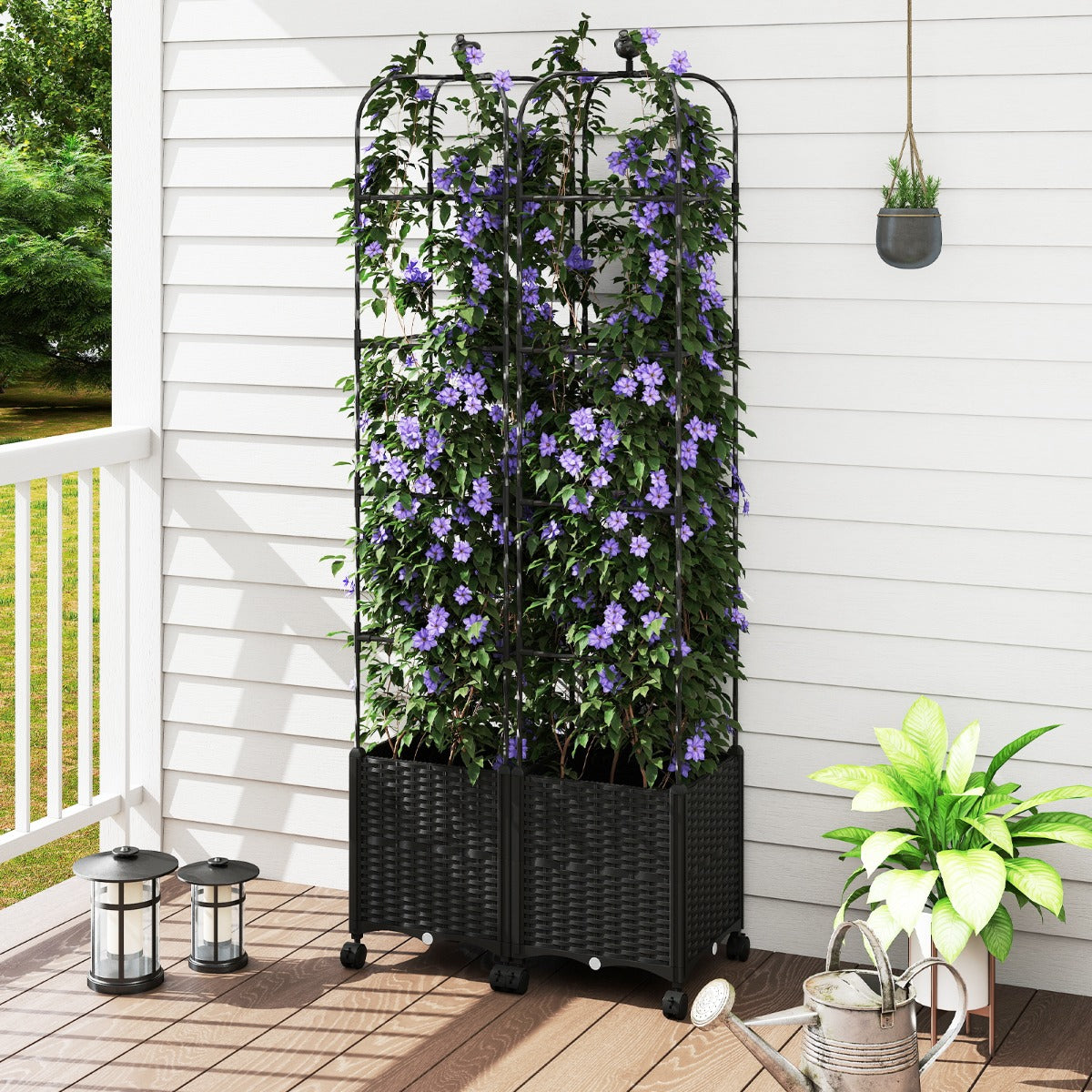 Jardinera com Treliça de Obelisco Vertical Floreira Móvel com 4 Rodas Bloqueáveis Treliça Ajustável em Altura