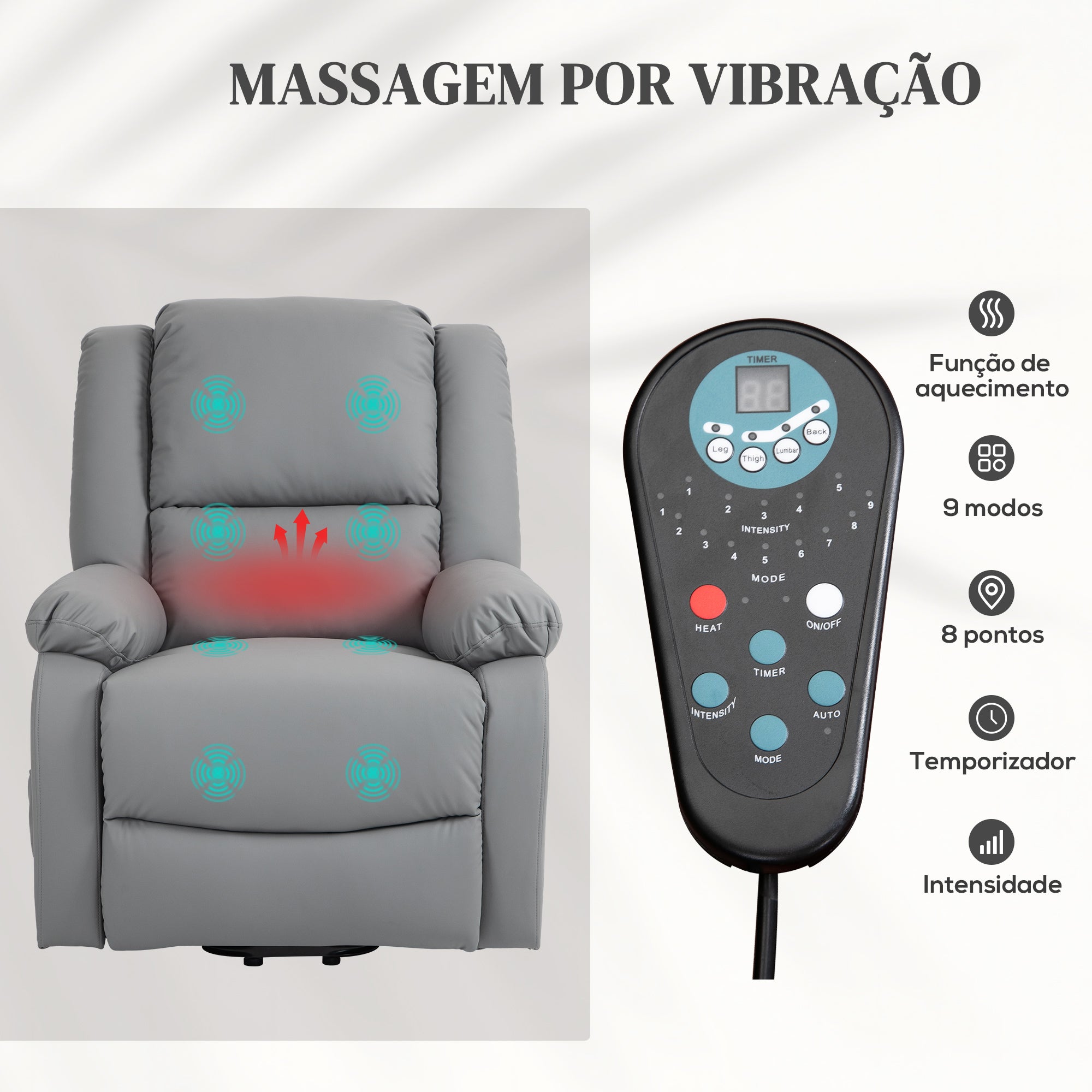 Poltrona Relax com 8 Pontos de Massagem - Cinzento (89x93x105 cm)