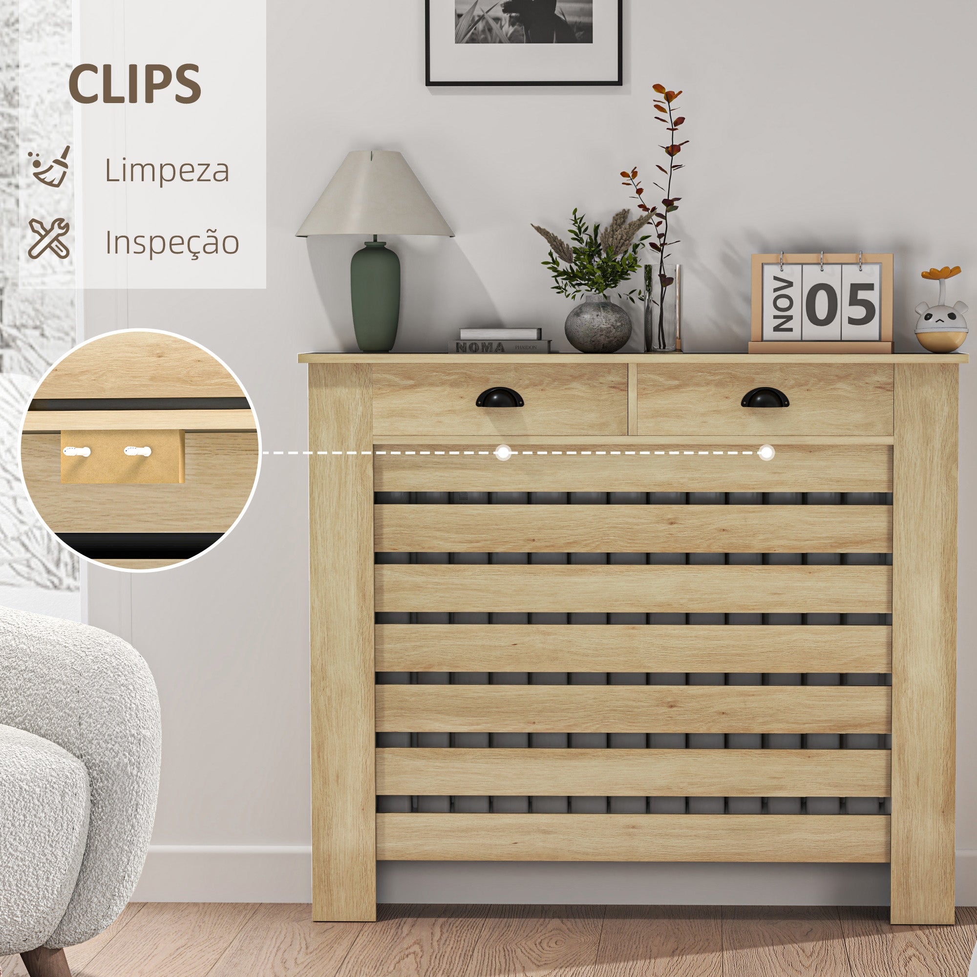 Cobertura para Radiador com Gavetas – 111x19x95,5 cm – Cor Carvalho – MDF