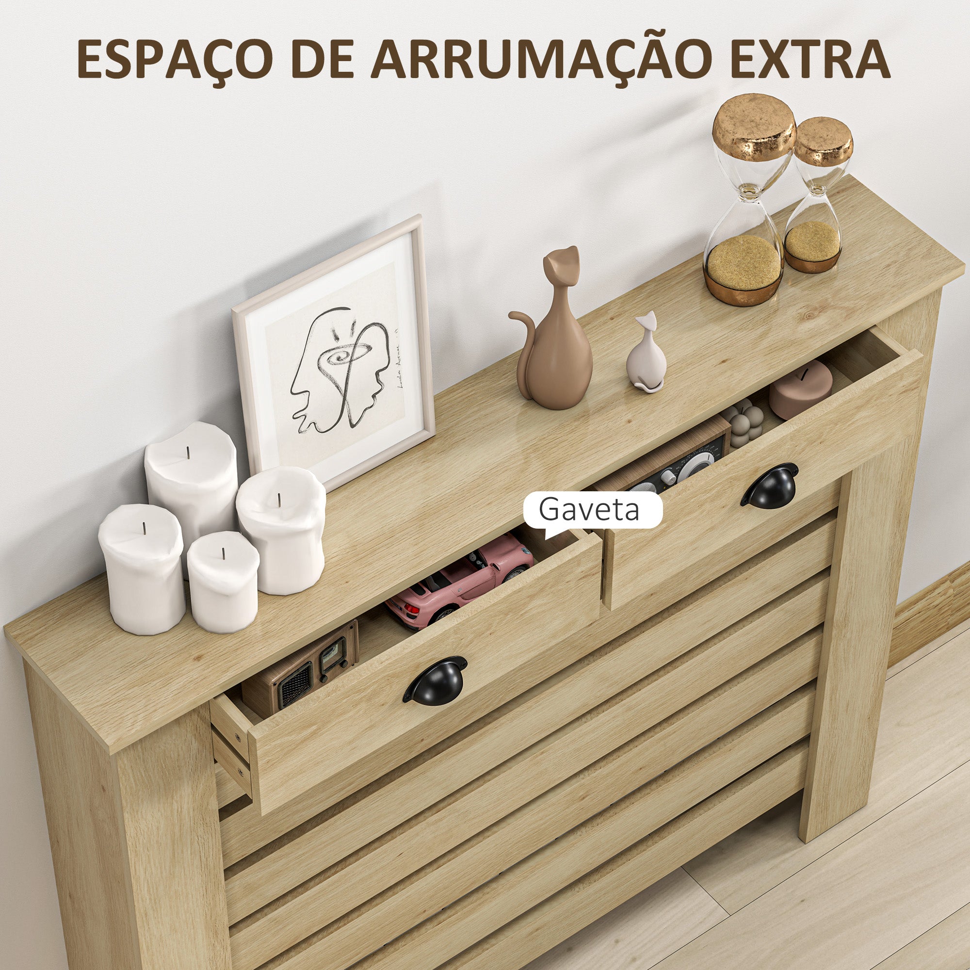Cobertura para Radiador com Gavetas – 111x19x95,5 cm – Cor Carvalho – MDF