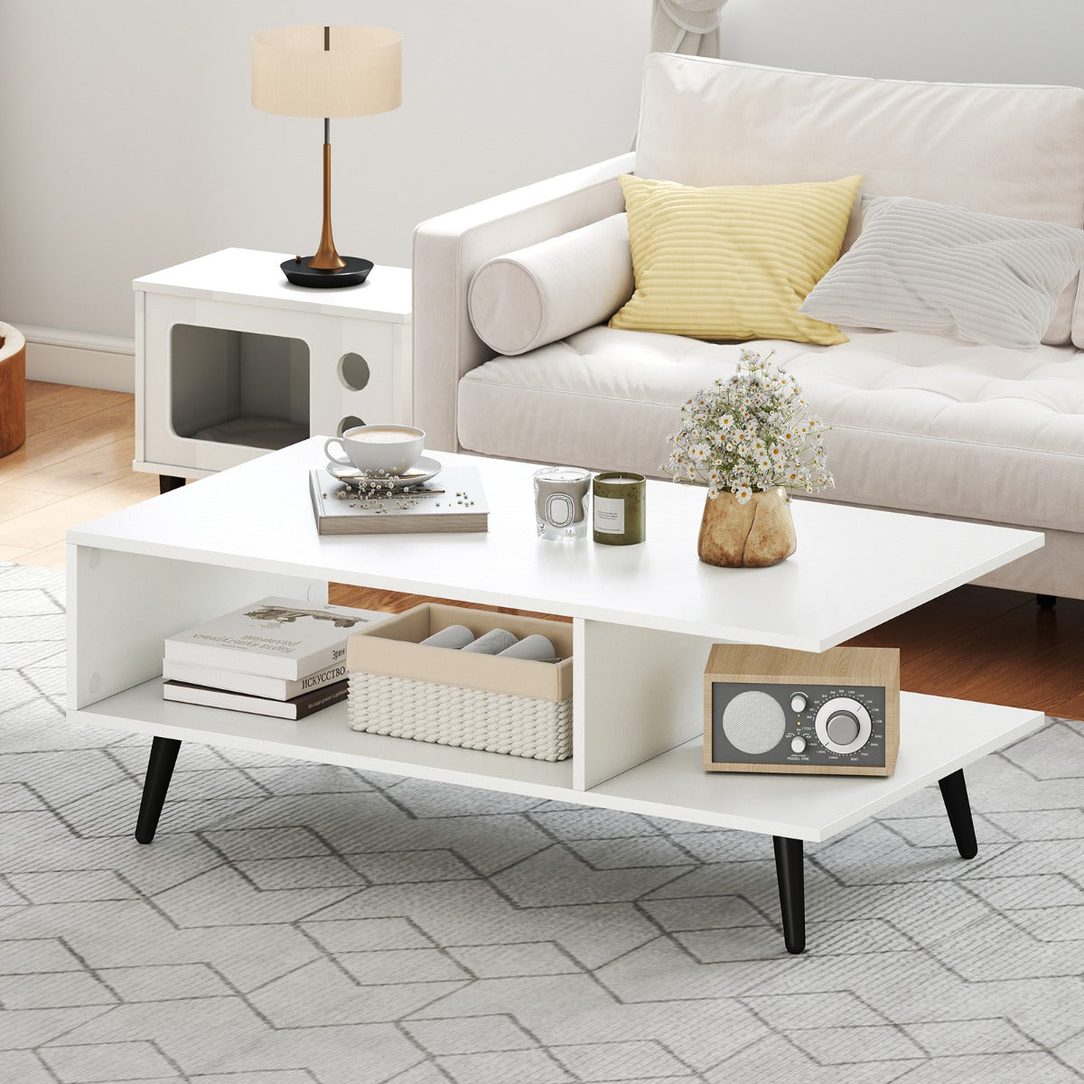 Mesa de Centro de 2 Níveis com Prateleira Aberta Espaçosa Tampo Patas Metálicas Cónicas para Sala de Estar 80 x 45 x 30 cm Branco