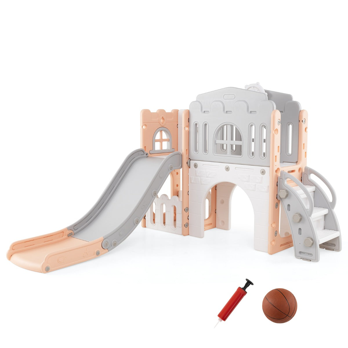 Parque Infantil 9 em 1 com Cesto de Basquetebol, Luneta, Volante, Escorrega, Passagem, Túnel para 1+ Anos 176 x 138 x 80 cm Rosa