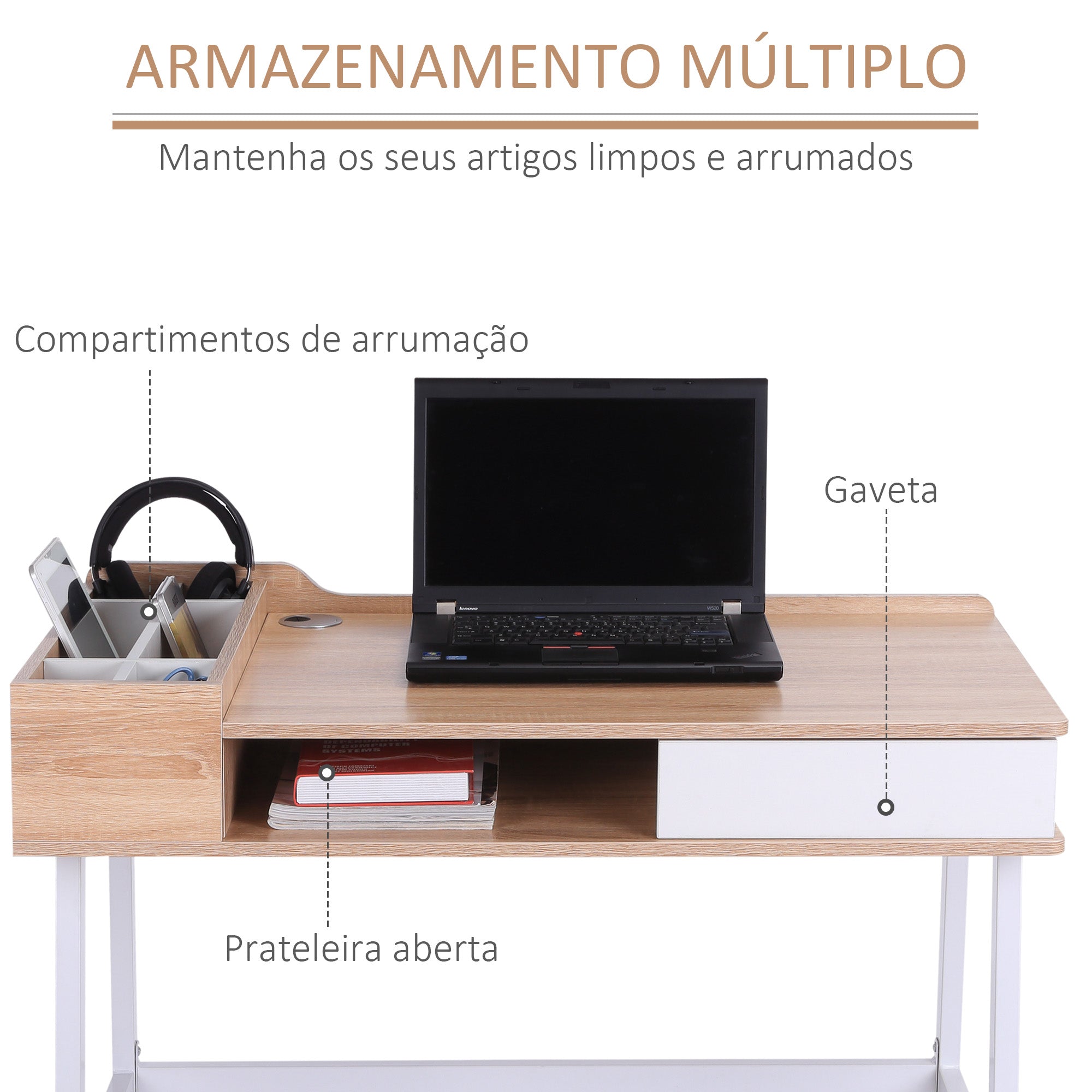 Secretária para Computador 100x55x81,5 cm em Carvalho e Branco